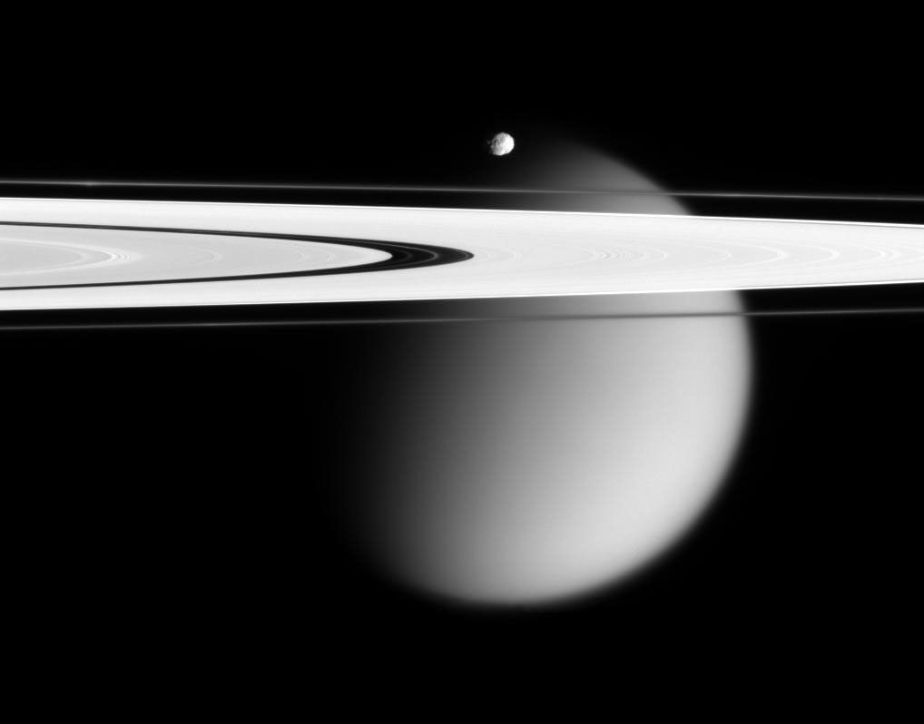 A vista from Cassini, showing moons and the rings