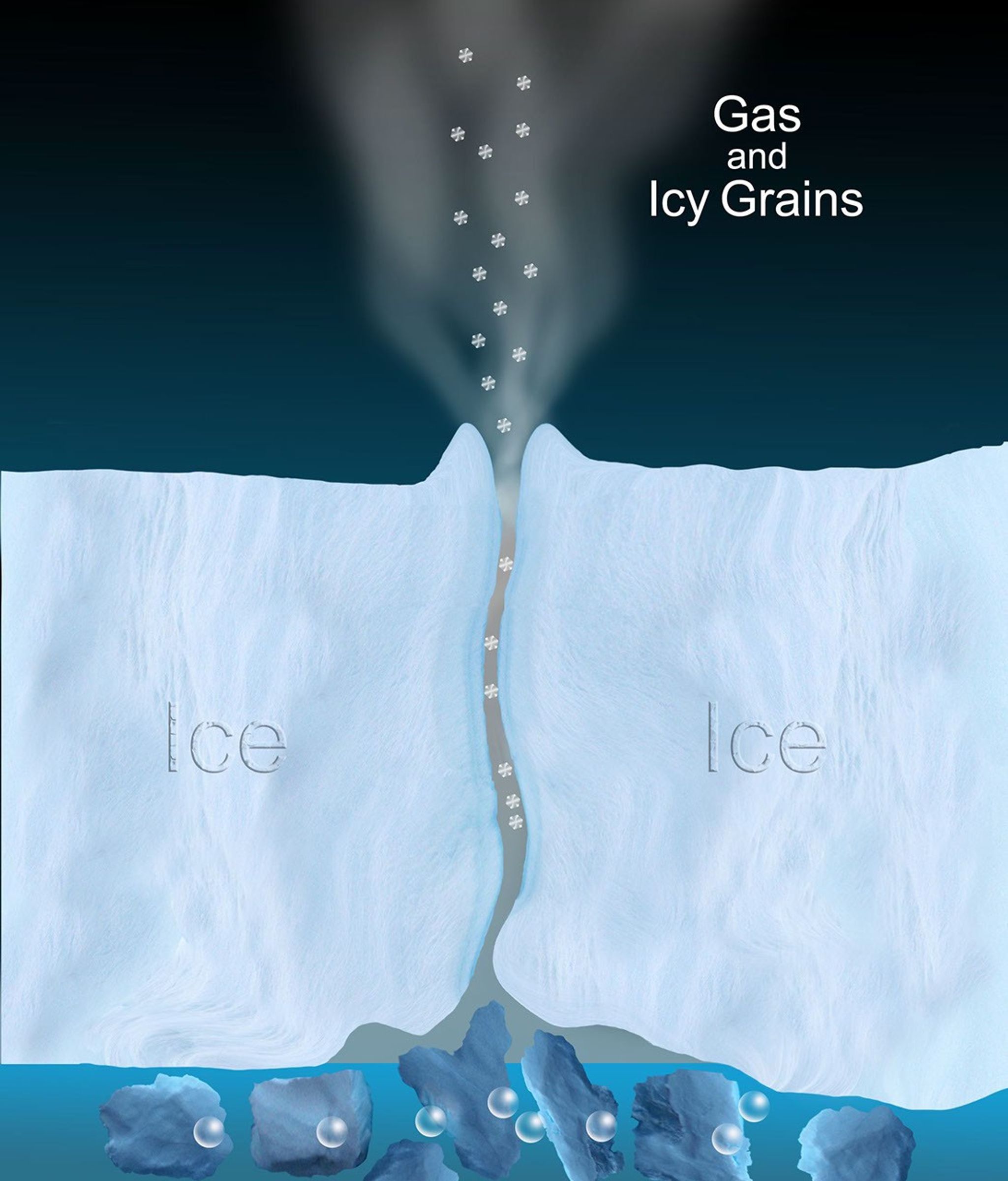 Artist concept of ice particles and water vapor spewing from geysers on Saturn's moon Enceladus