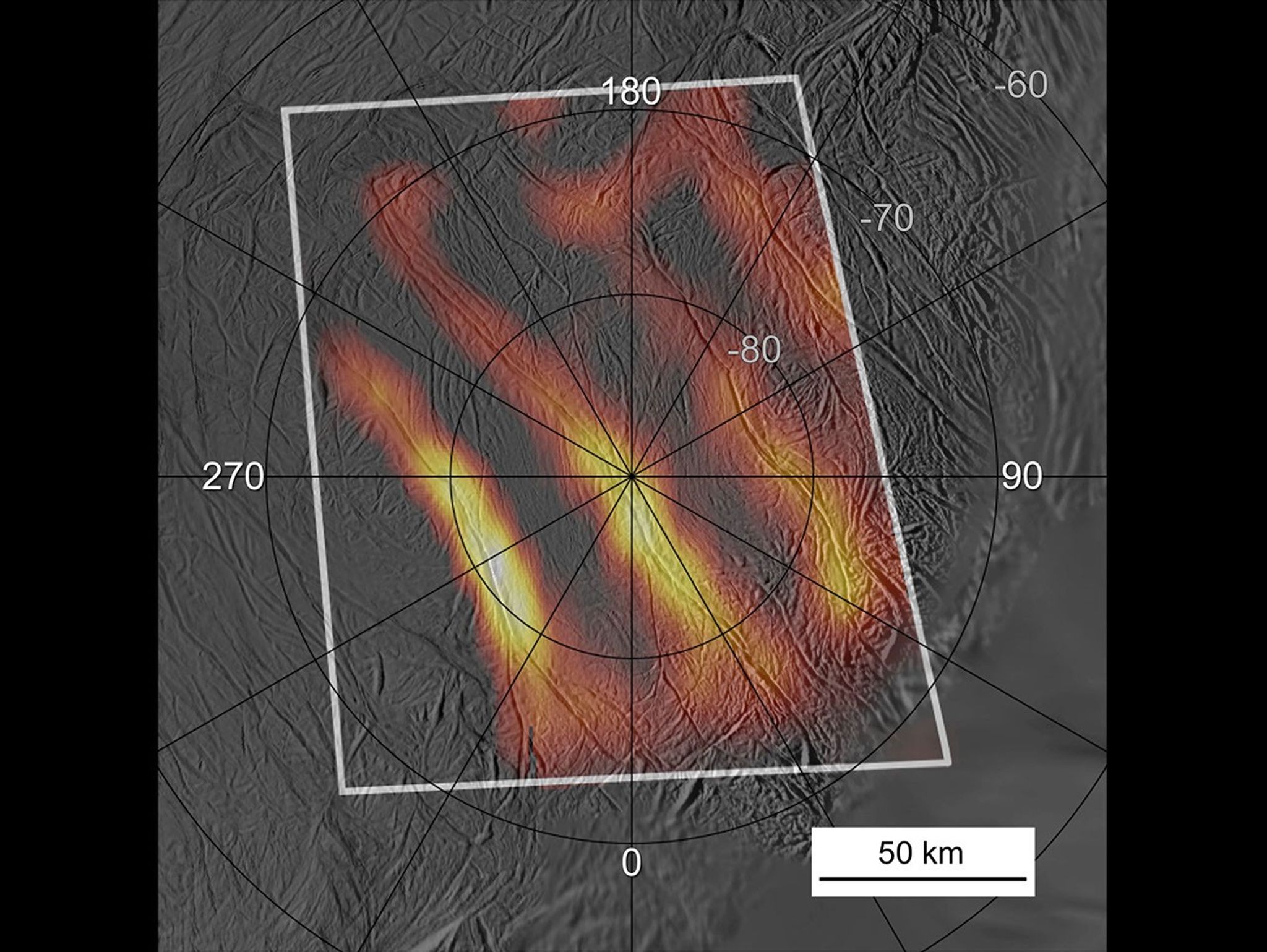 Heat map of the active south polar region of Enceladus