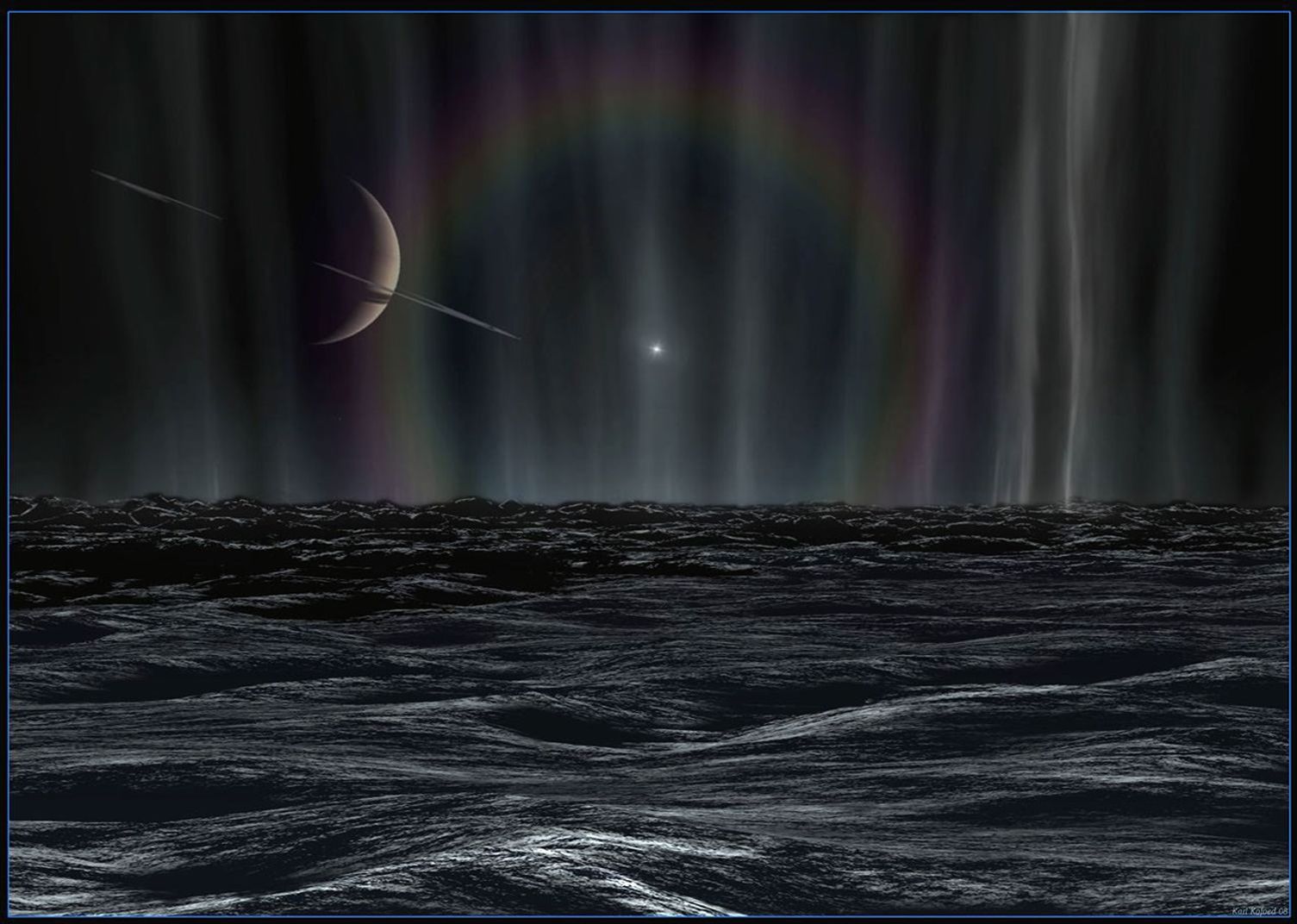 Artist's rendition of a sunset on Enceladus