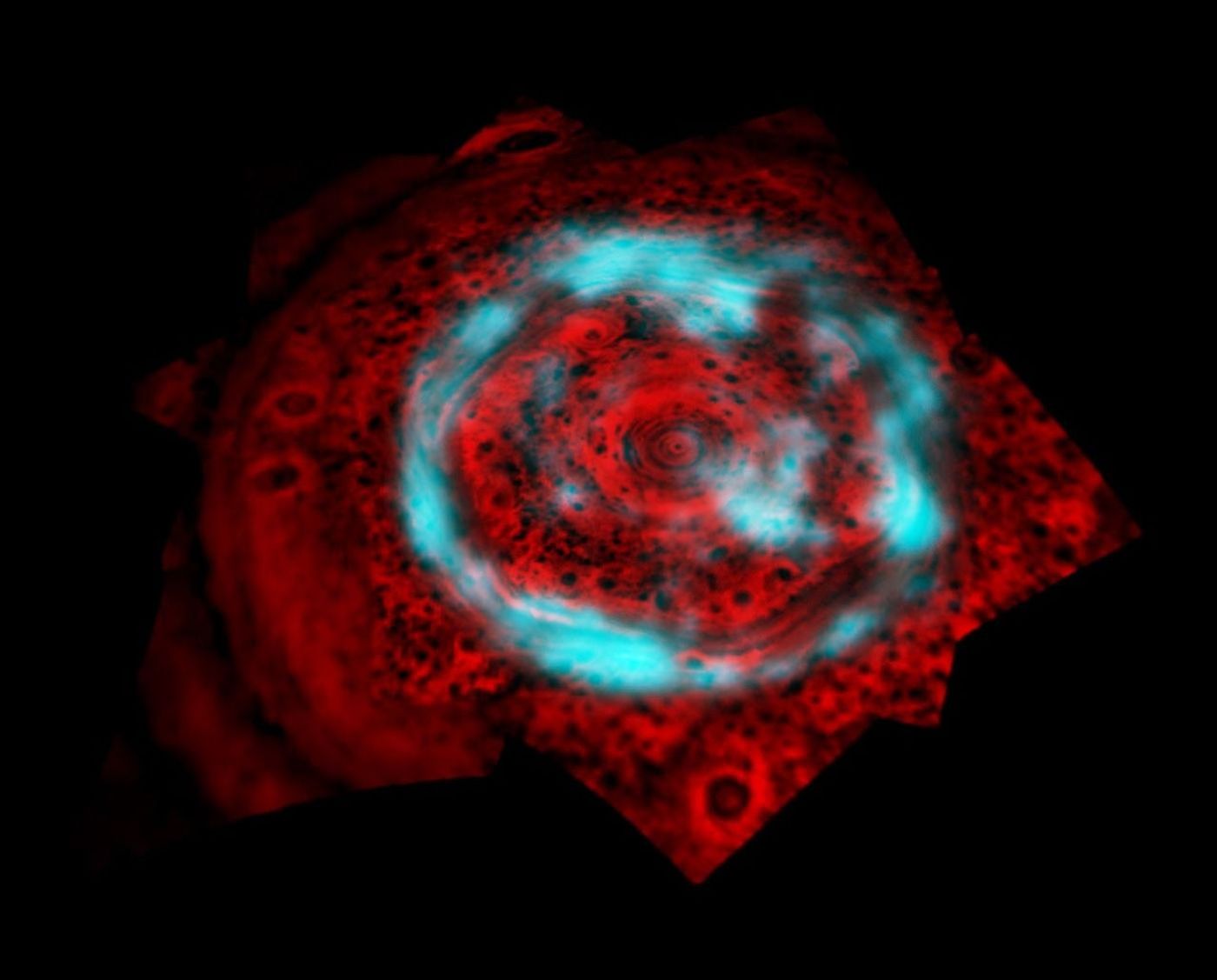 The northern polar region of Saturn shown at two different wavelengths of infrared light
