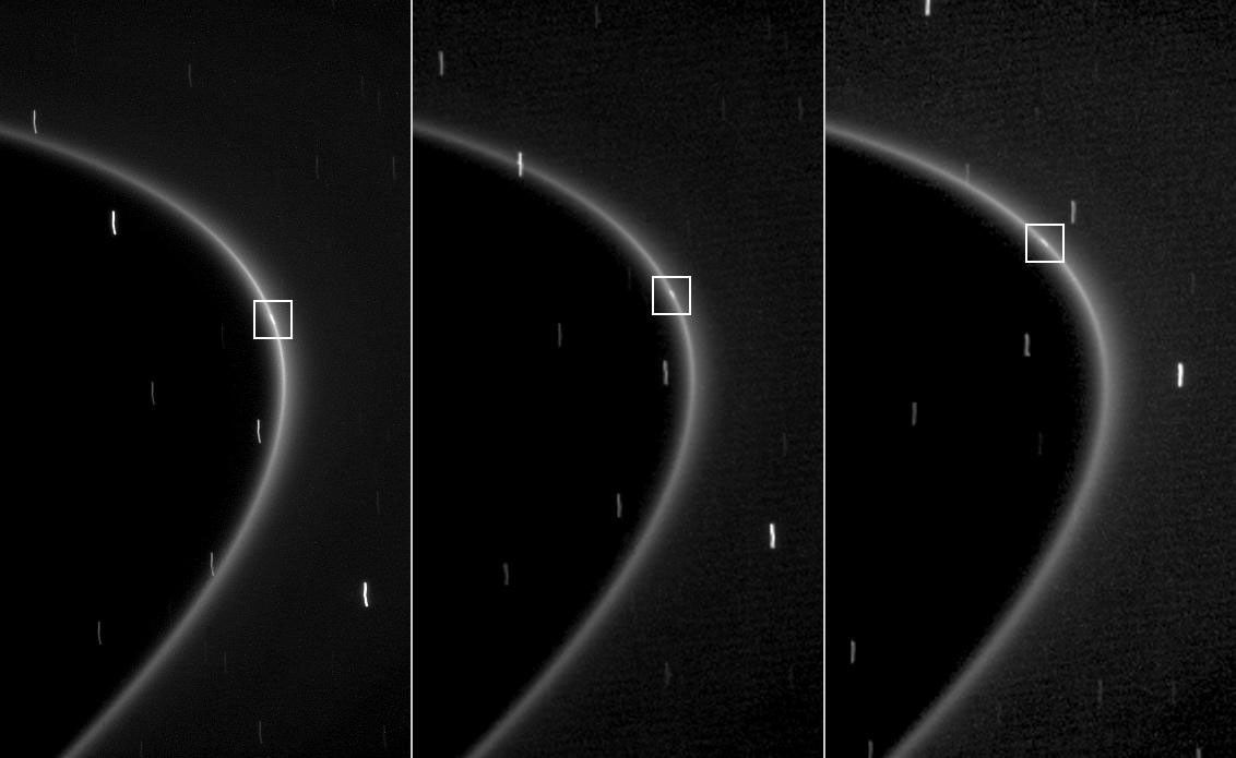 This sequence of three images shows the path of a newly found moonlet in a bright arc of Saturn's faint G ring.