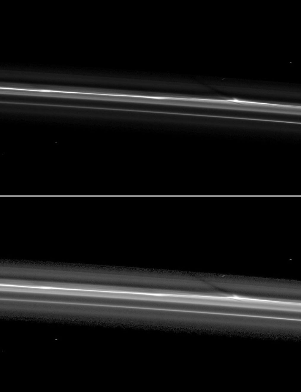 Cassini spies a shadow cast by a vertically extended structure or object in the F ring in this image taken as Saturn approaches its August 2009 equinox.