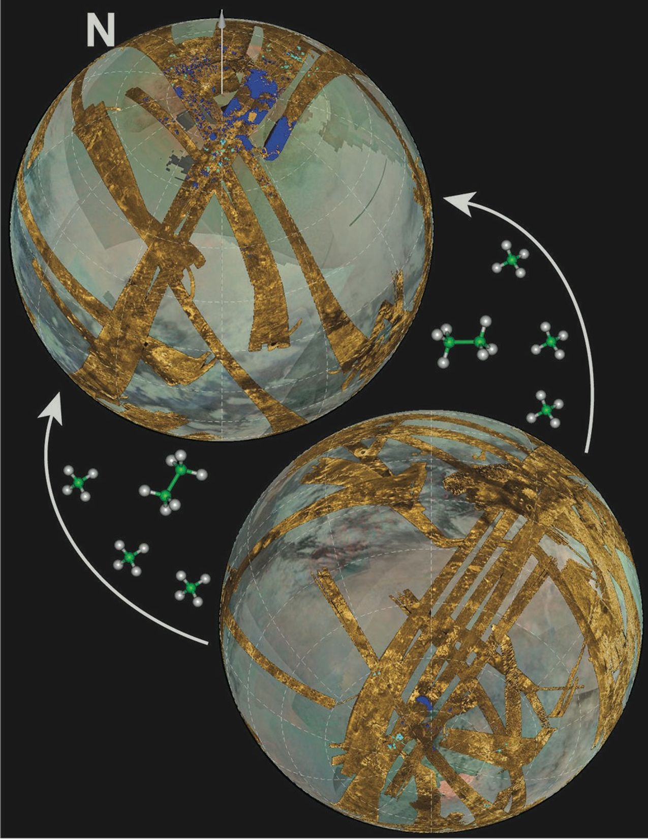 The northern and southern hemispheres of Titan, showing the disparity between the abundance of lakes in the north and their paucity in the South.