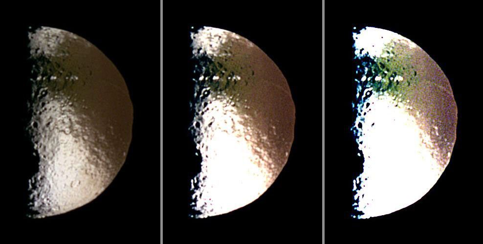 Three different false-color views of Saturn's moon Iapetus