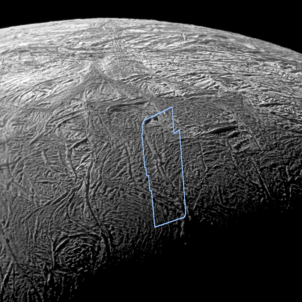 This wide-angle image shows the south polar region of Saturn’s moon Enceladus and outlines the area covered by the high-resolution mosaic combining data from the imaging science subsystem and composite infrared spectrometer aboard NASA’s Cassini spacecraft.