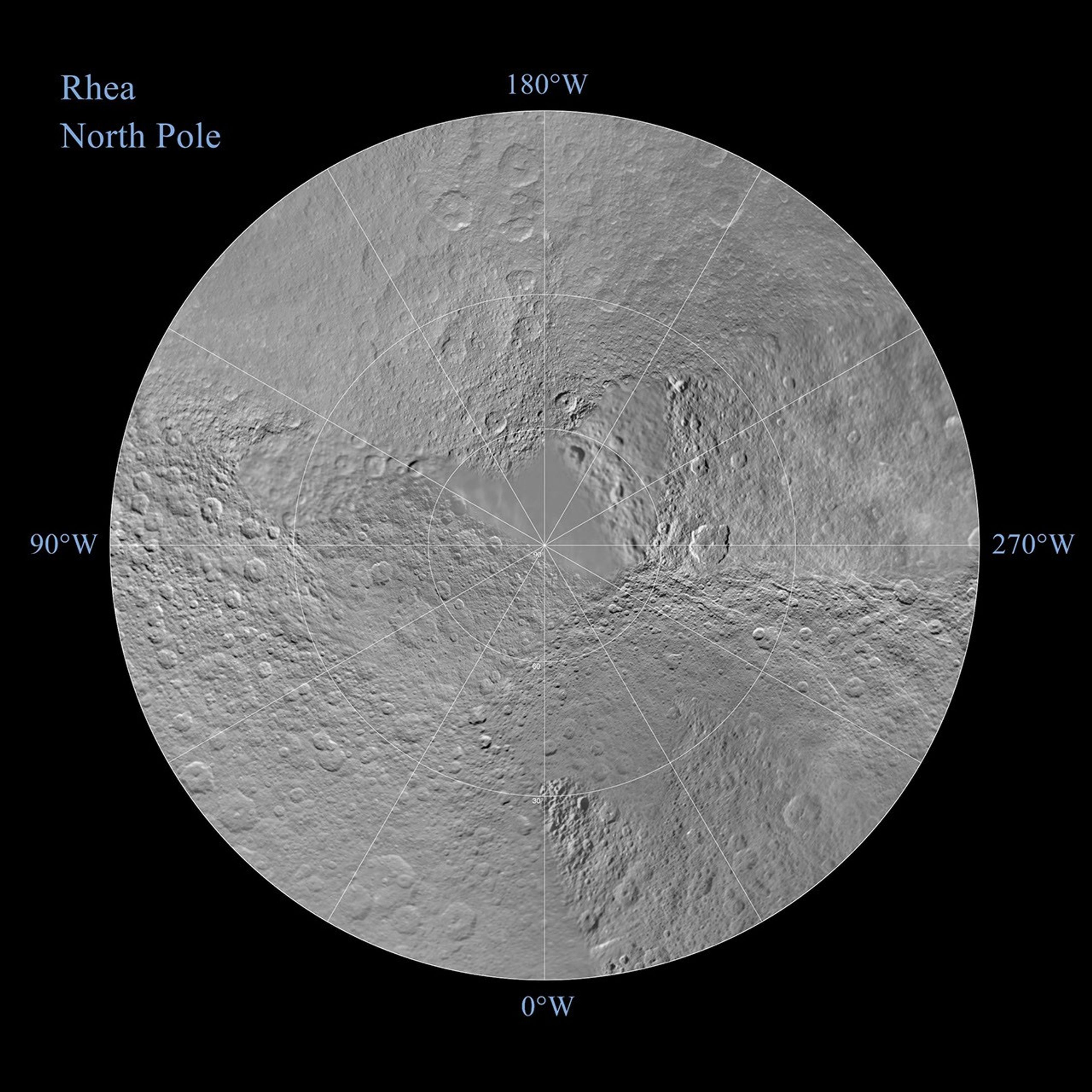 The northern and southern hemispheres of Rhea
