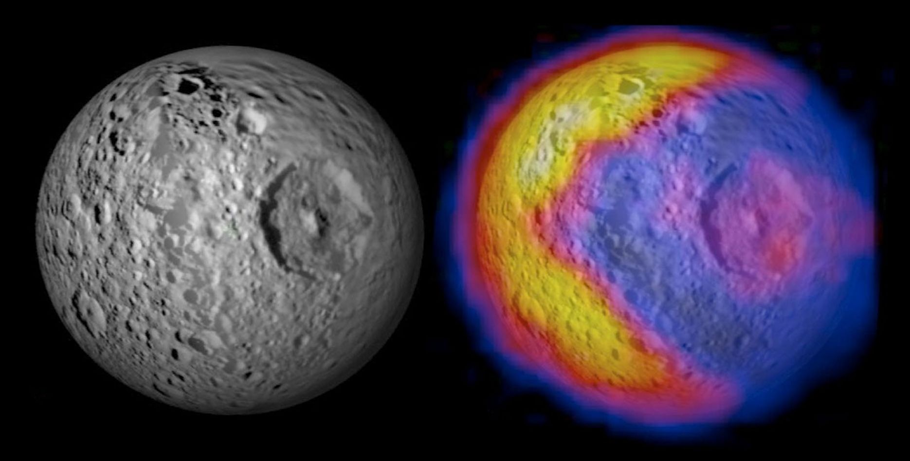 This figure illustrates the unexpected and bizarre pattern of daytime temperatures found on Saturn's small inner moon Mimas.