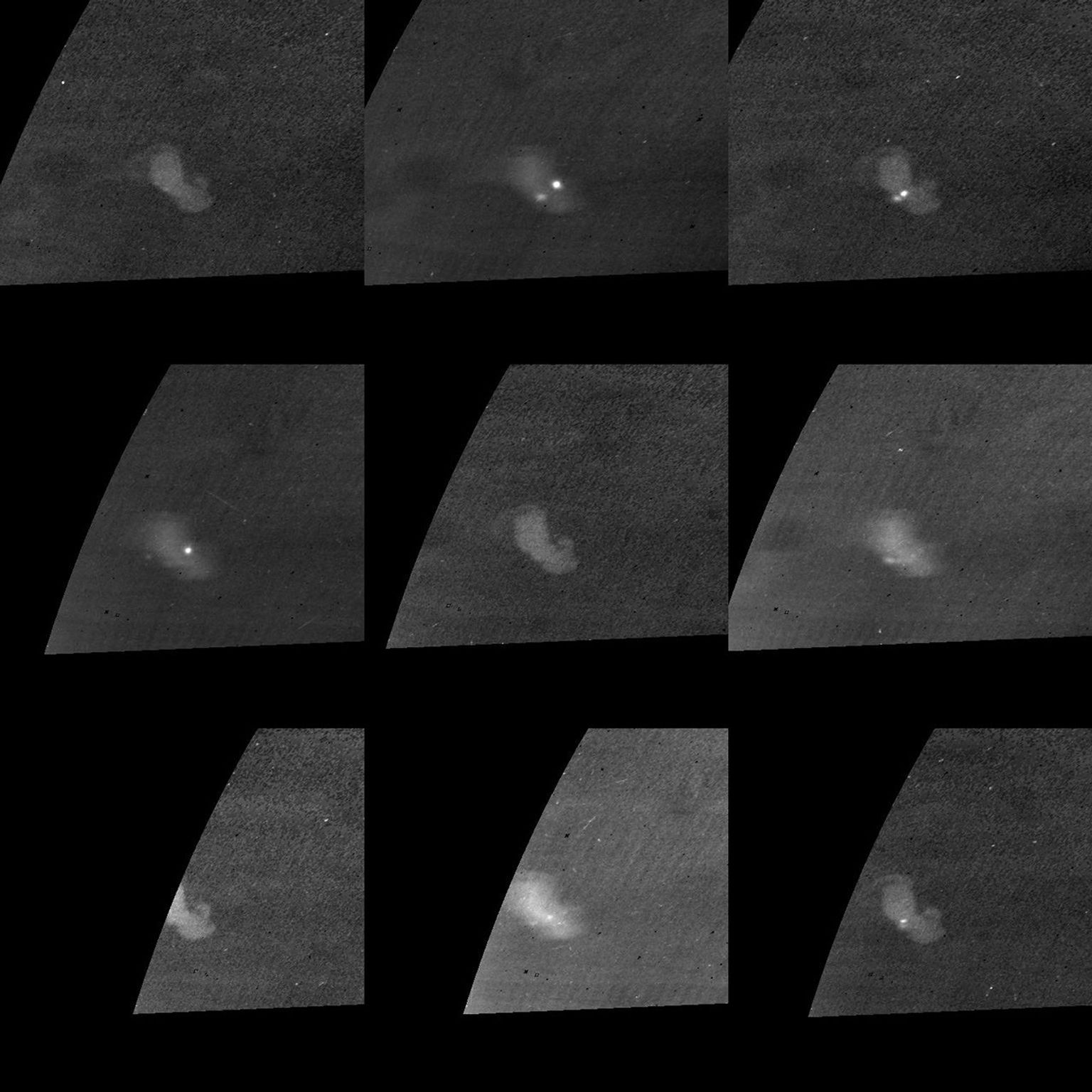 Lightning on Saturn's night side flashing in a cloud that is illuminated by light from Saturn's rings