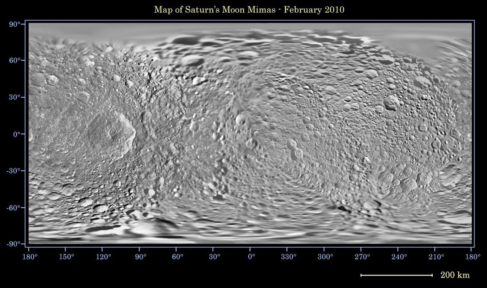 This global map of Saturn's moon Mimas was created using images taken during Cassini spacecraft flybys, with Voyager images filling in the gaps in Cassini's coverage.