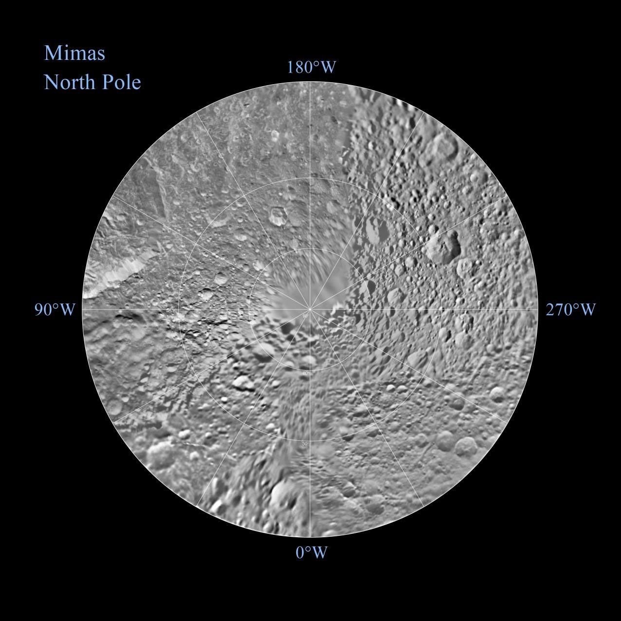 The northern hemisphere of Saturn's moon Mimas is seen in these polar stereographic maps, mosaicked from the best-available Cassini and Voyager images.