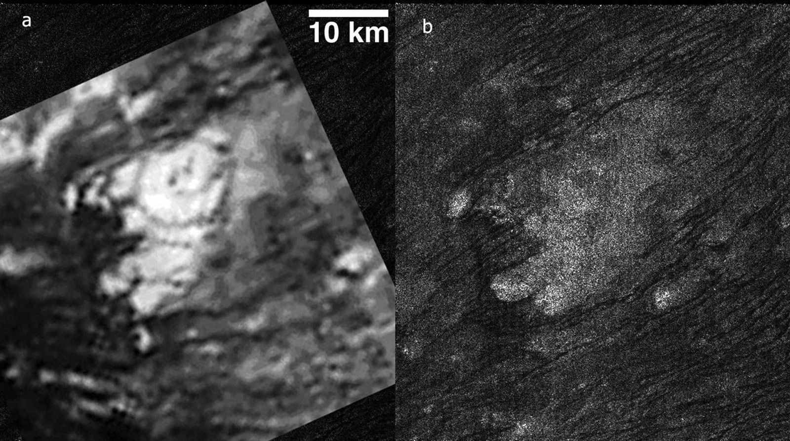 Side-by-side comparison of craters on Titan