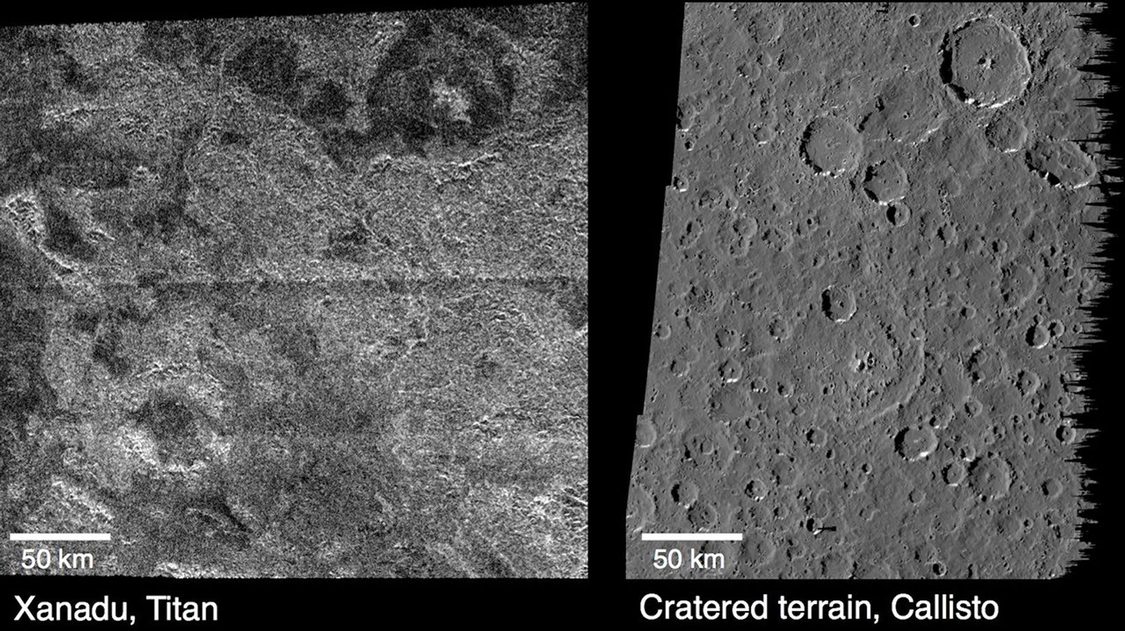 Side-by-side comparison of craters on Titan, left, and  on Callisto