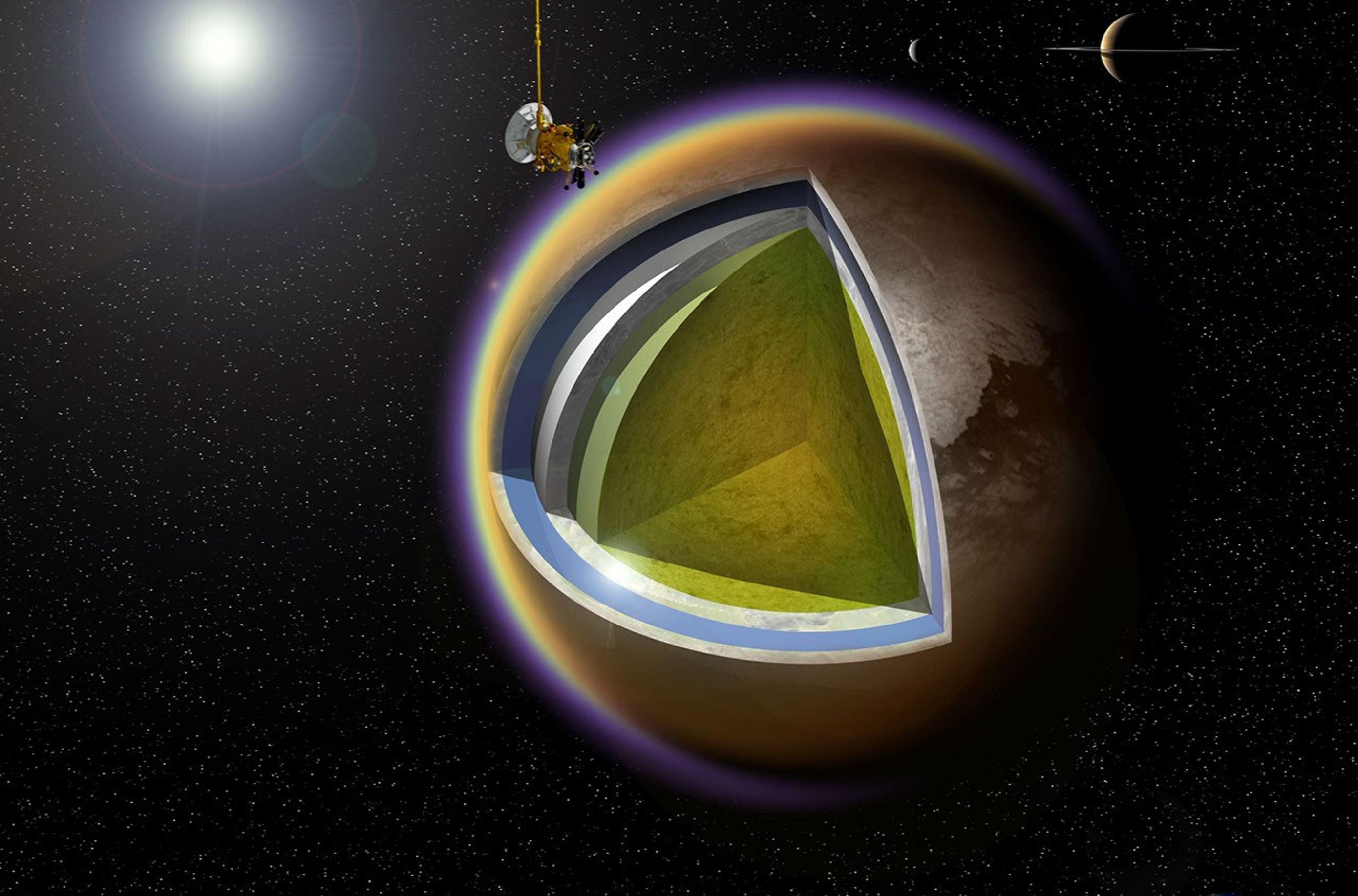 This artist’s concept shows a possible model of Titan’s internal structure that incorporates data from NASA’s Cassini spacecraft.