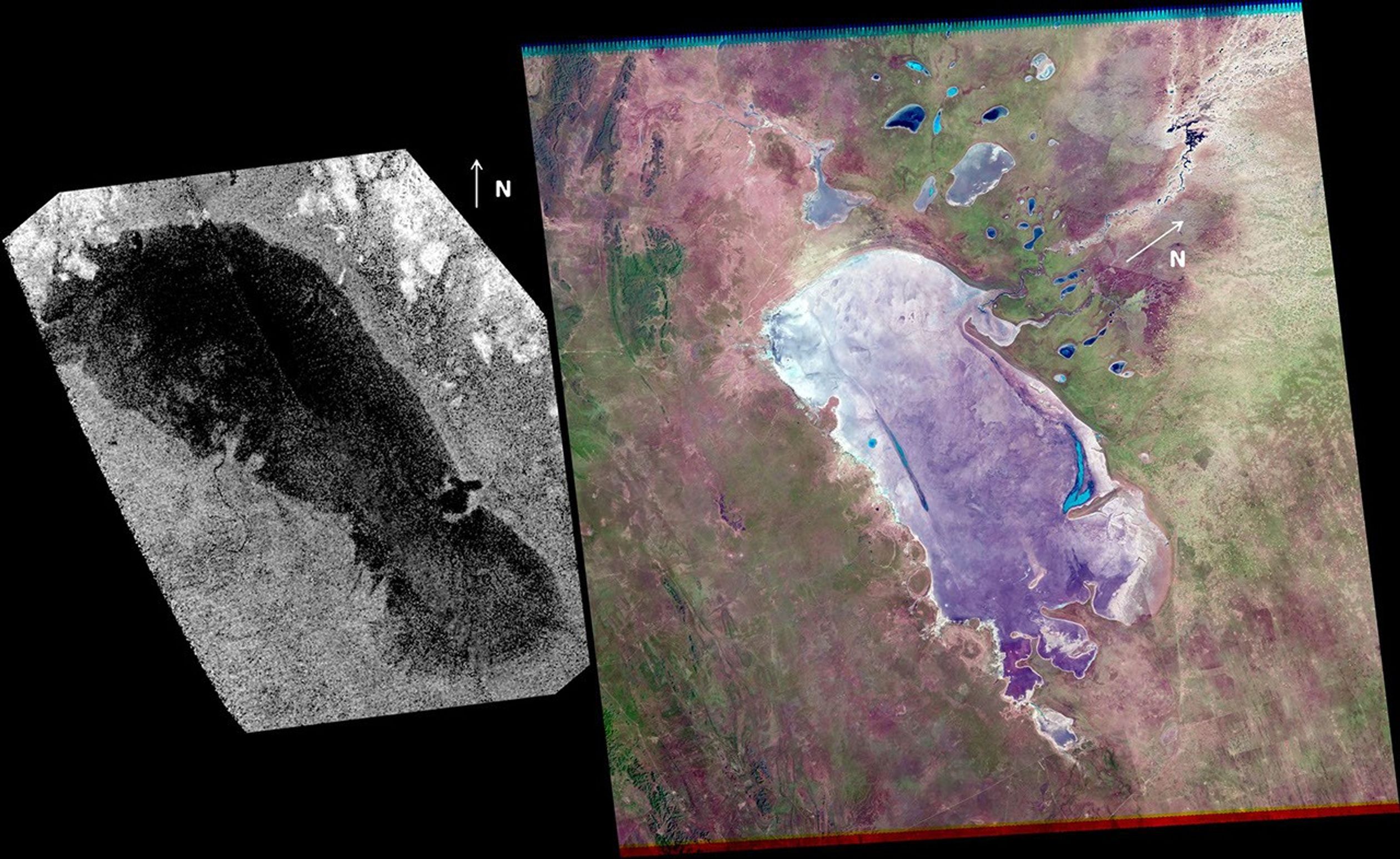 A recent study finds that the lake known as Ontario Lacus on Saturn's moon Titan (left) bears striking similarity to a salt pan on Earth known as the Etosha Pan (right).