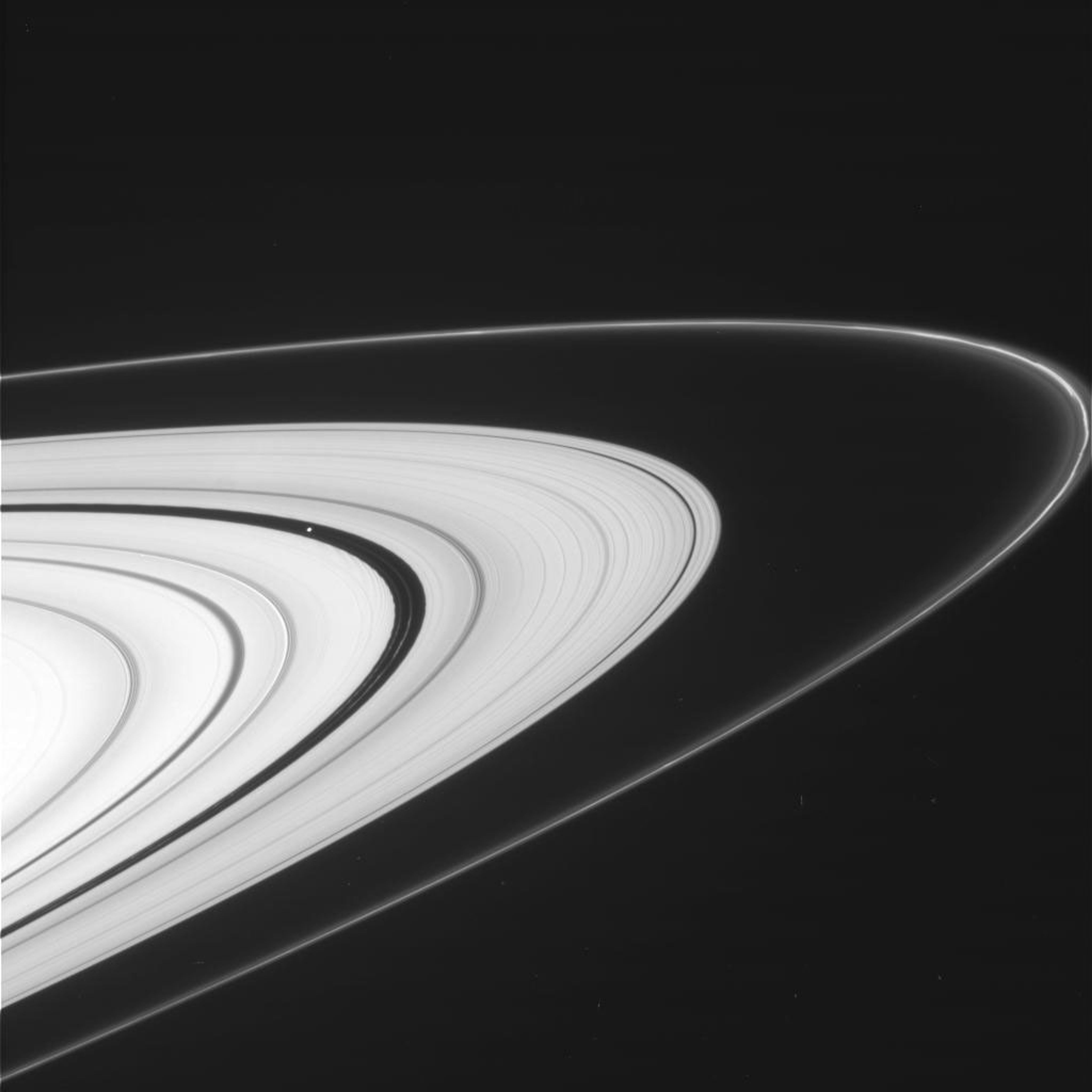 This view, from Cassini's imaging camera, shows the outer A ring and the F ring.