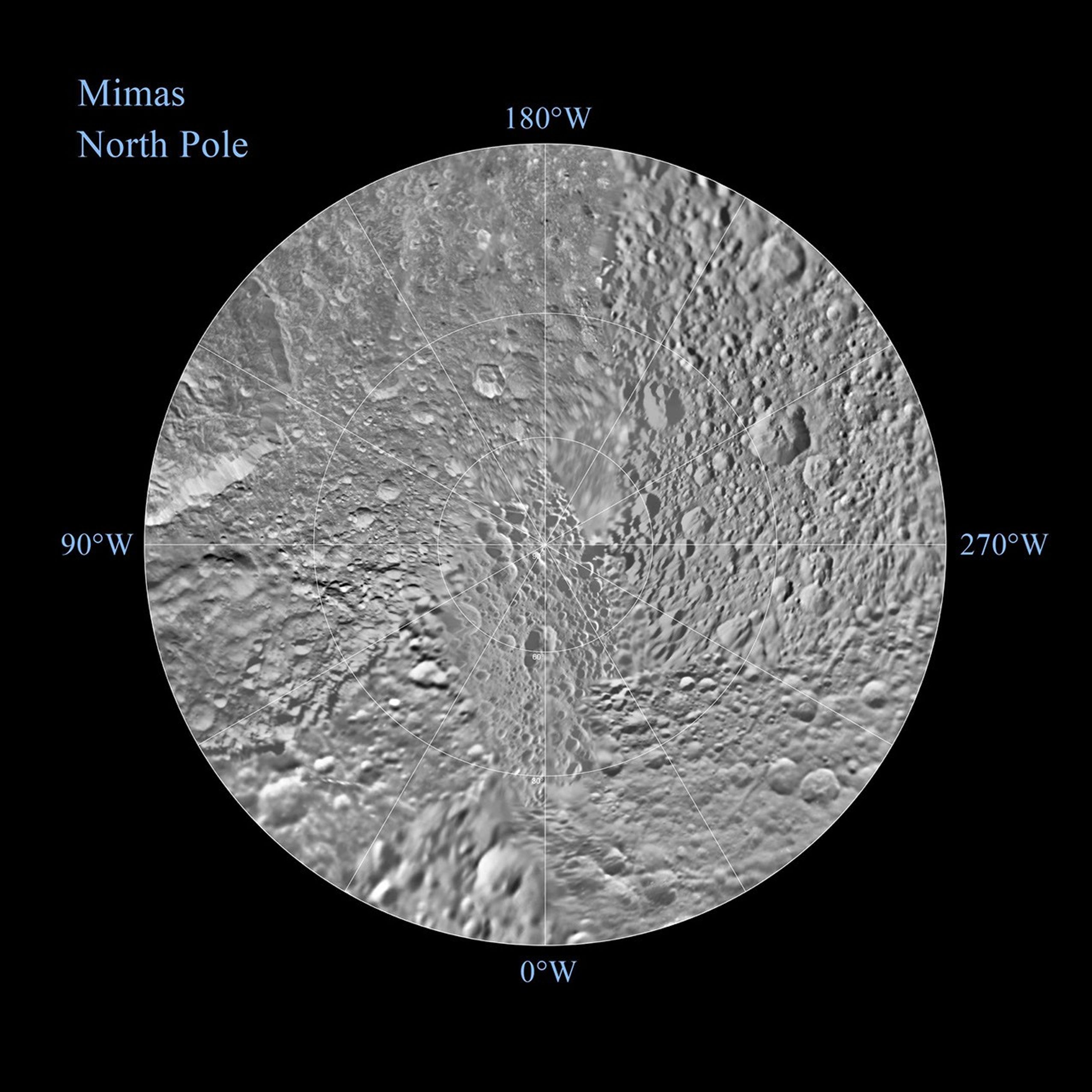 The northern and southern hemispheres of Saturn's moon Mimas are seen in these polar stereographic maps, mosaicked from the best-available Cassini and Voyager images.
