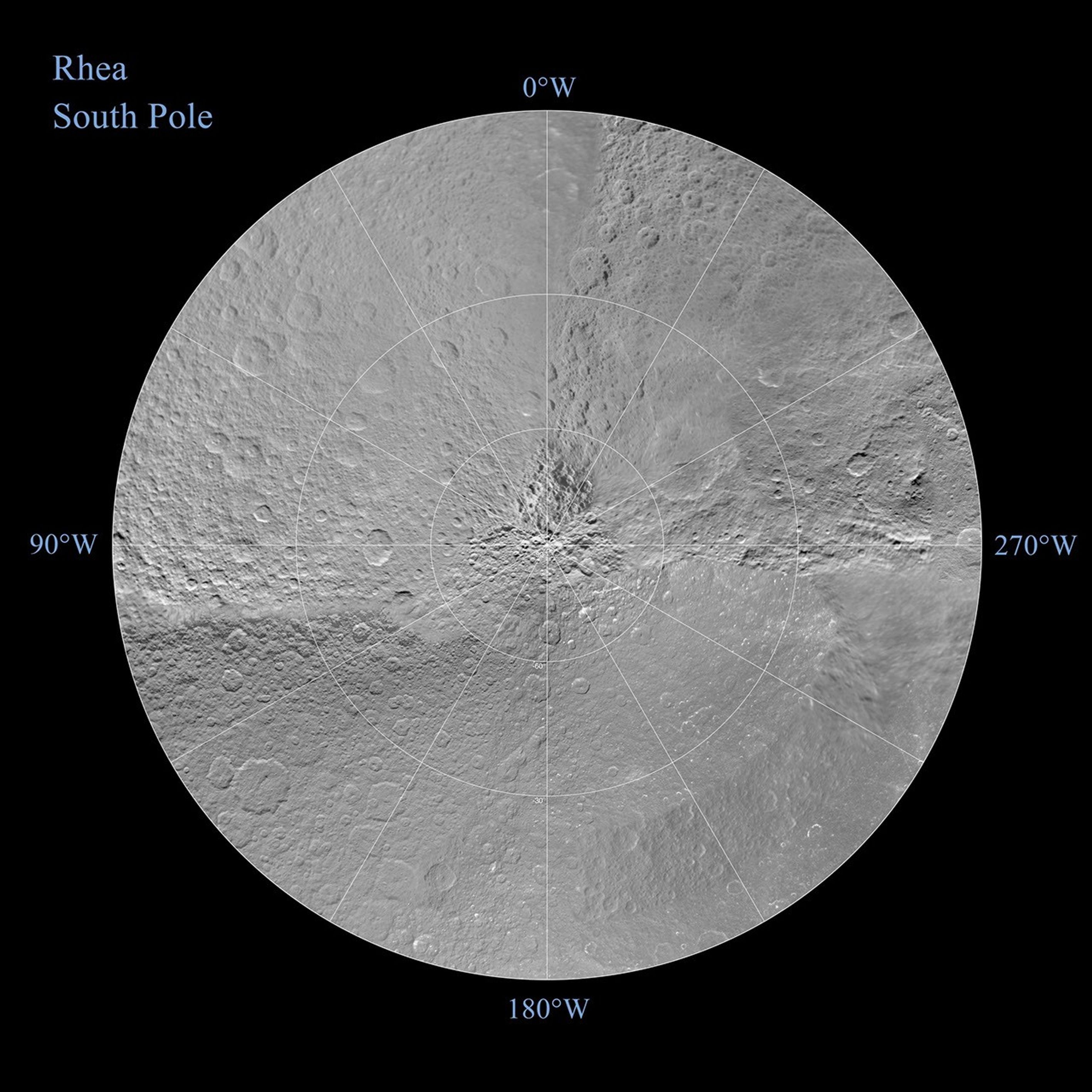 The northern and southern hemispheres of Rhea are seen in these polar stereographic maps, mosaicked from the best-available Cassini and Voyager images.