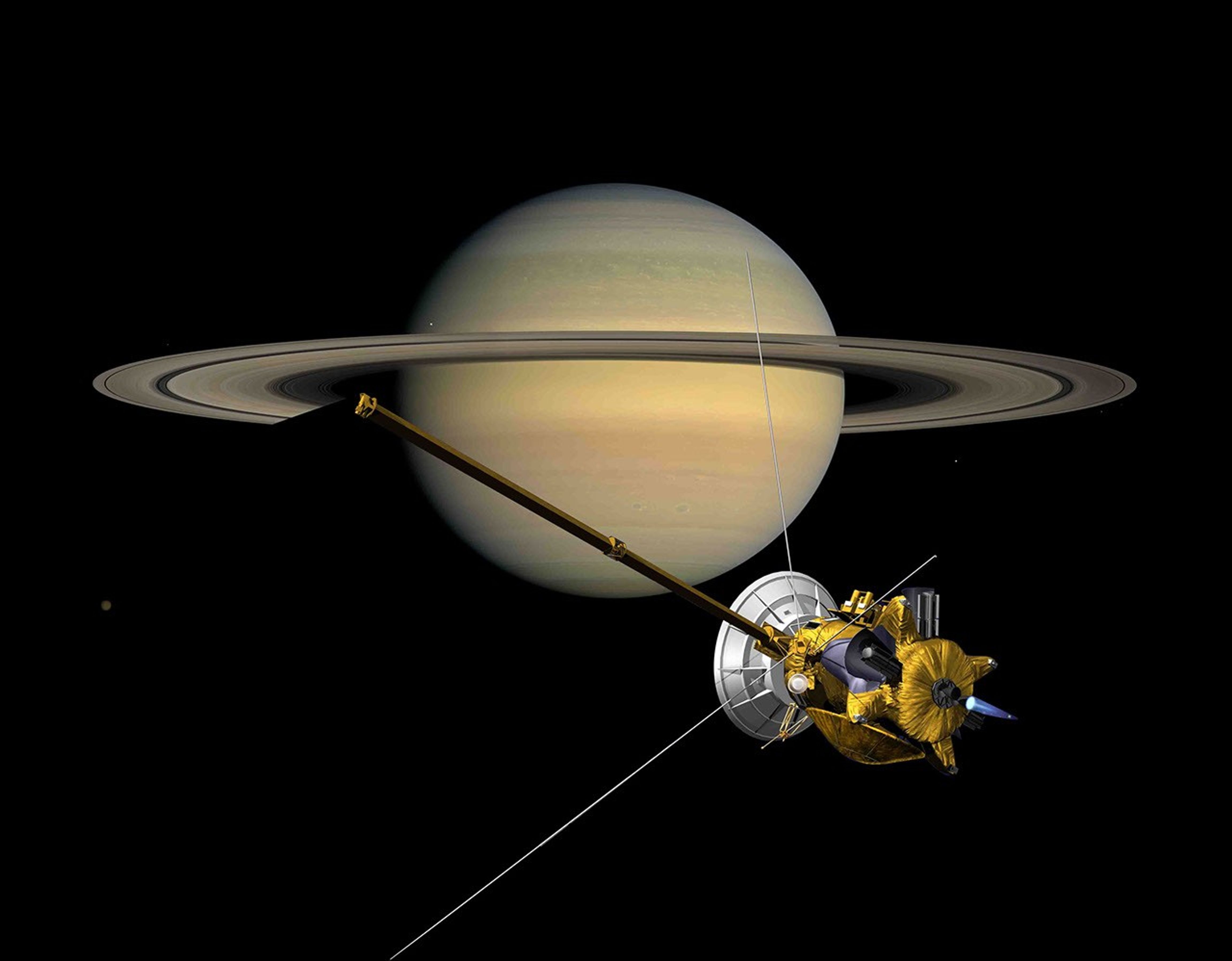 Saturn's shadow passes over its rings as the Cassini spacecraft looks on in this artist's concept.
