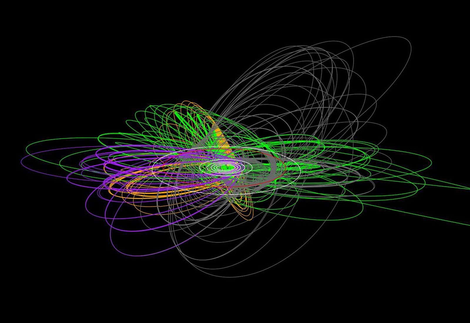 This picture traces Cassini's orbits from Saturn orbit insertion, on June 30, 2004 PDT, through the planned end of the mission, on Sept. 15, 2017.
