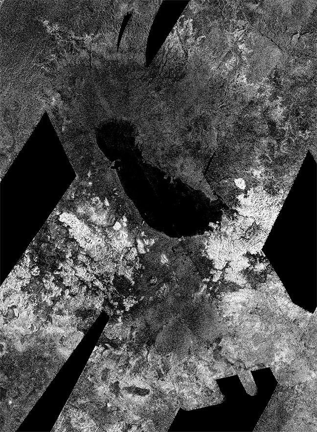 This image from NASA's Cassini spacecraft shows an ancient southern sea that used to sprawl out near the south pole of Saturn's moon Titan.