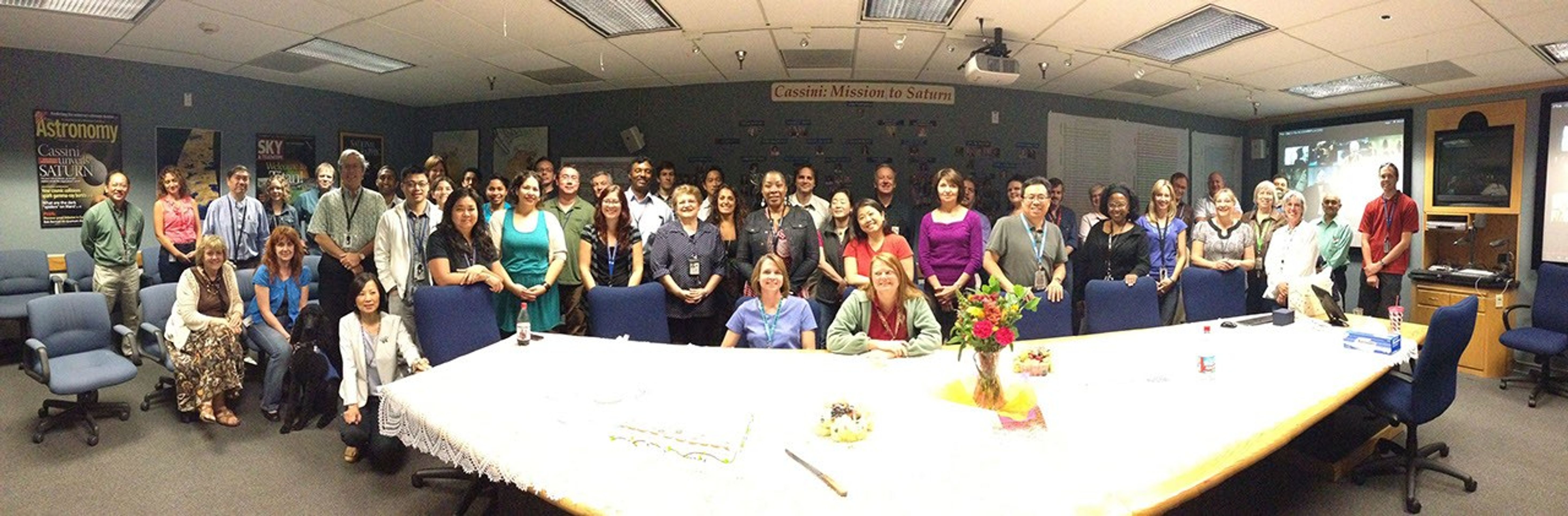Many of the local JPL Cassini Flight Team members are gathered in the main Cassini conference room in the Space Flight Operations Facility to say good-bye to Donna L. Cummings