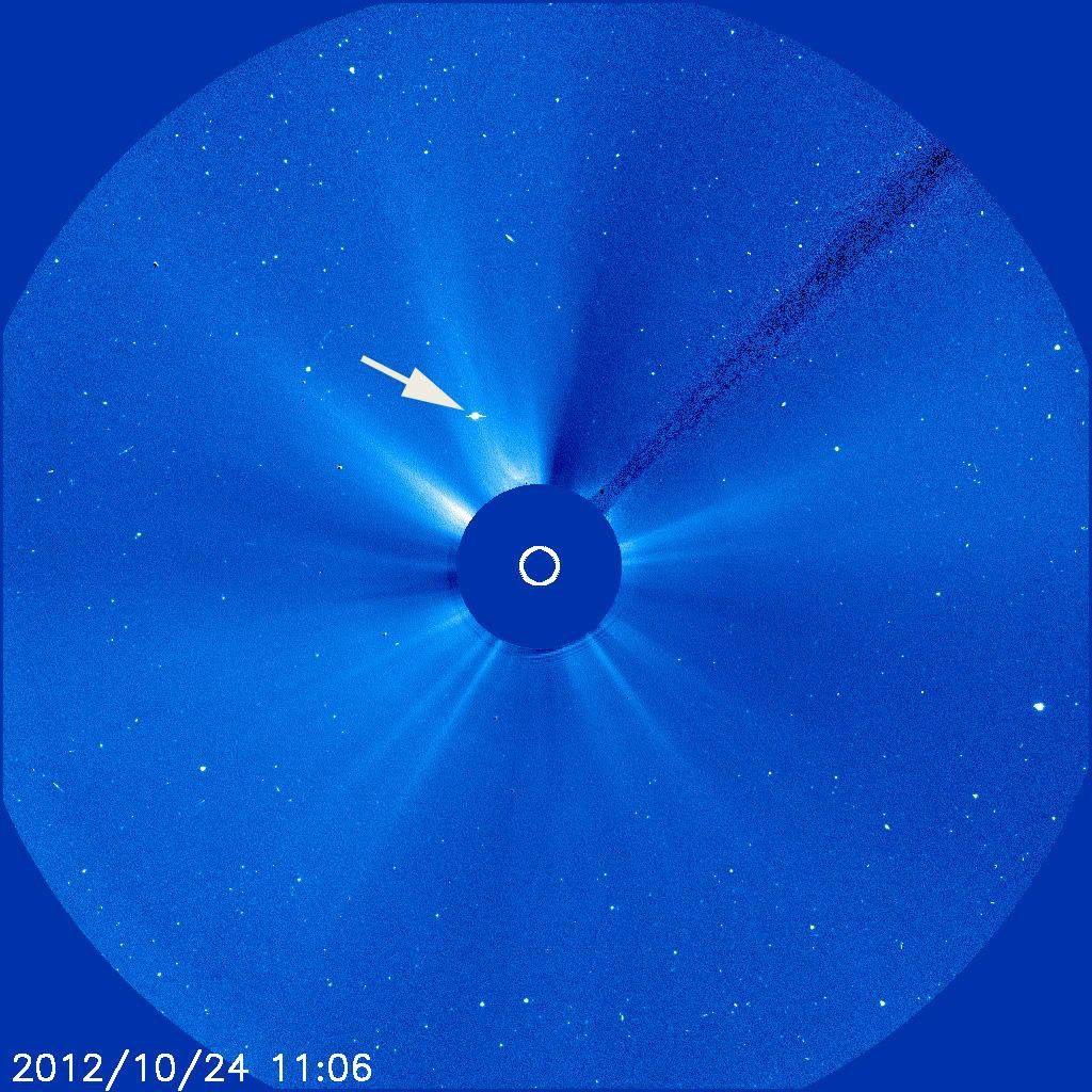 This Solar & Heliospheric Observatory (SOHO) image, taken Oct. 24, 2012, at 11:06, UTC shows a view of Saturn as it passes behind the sun, Cassini spacecraft in tow.