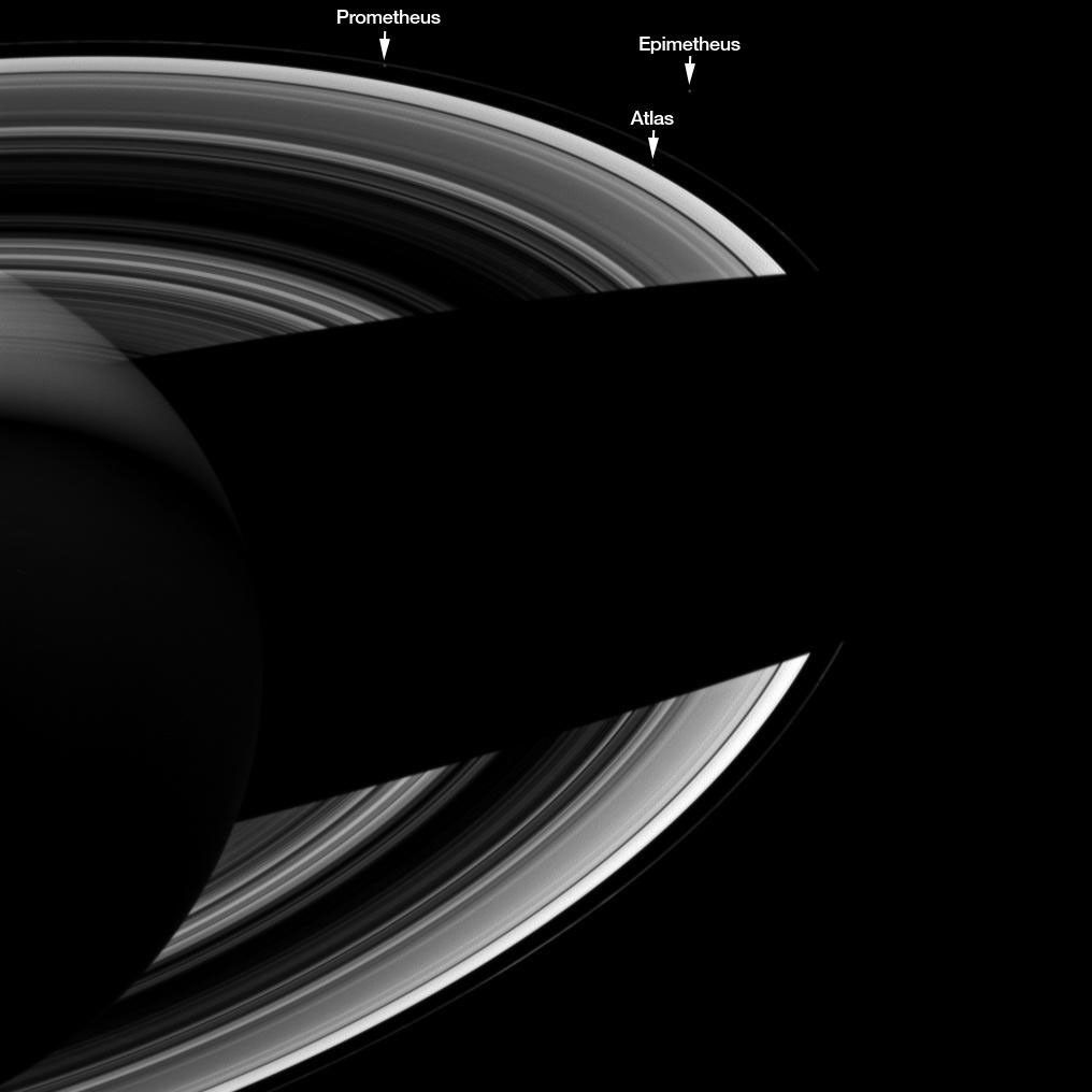 Atlas, Prometheus, and Epimetheus with Saturn and its rings (labeled version)