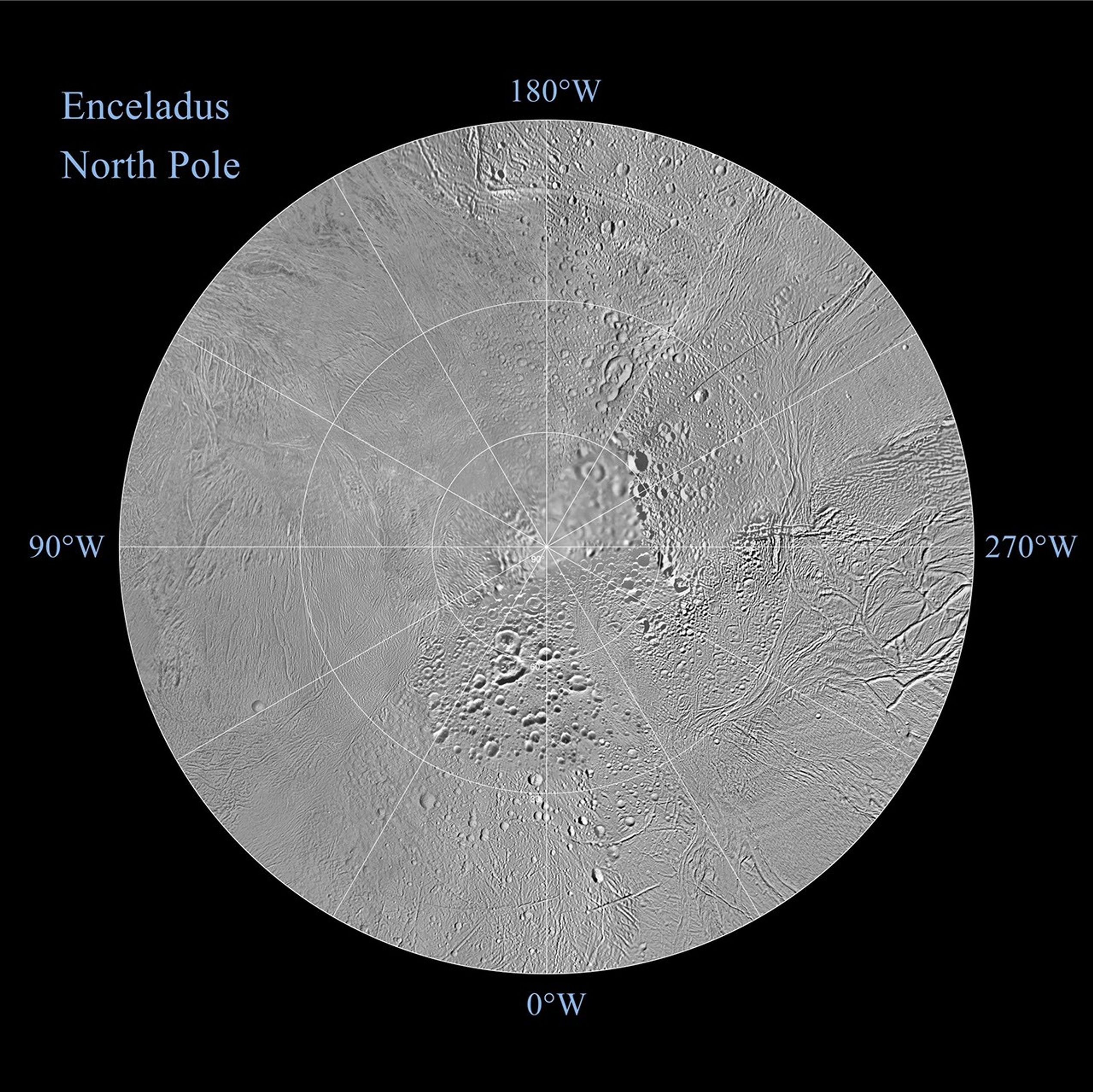 The northern and southern hemispheres of Enceladus are seen in these polar stereographic maps, mosaicked from the best-available Cassini clear-filter images.