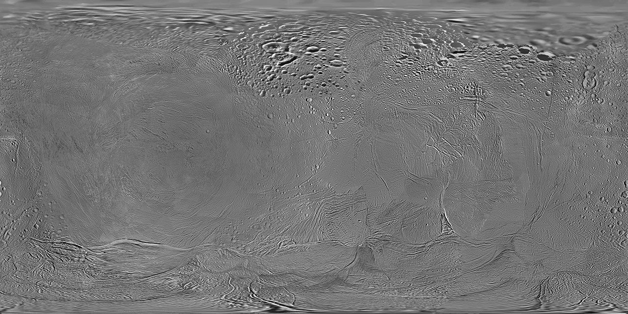 This mosaic shows an updated global map of Saturn's icy moon Enceladus, created using images taken during Cassini spacecraft flybys. The map incorporates new images taken during flybys in December 2011.