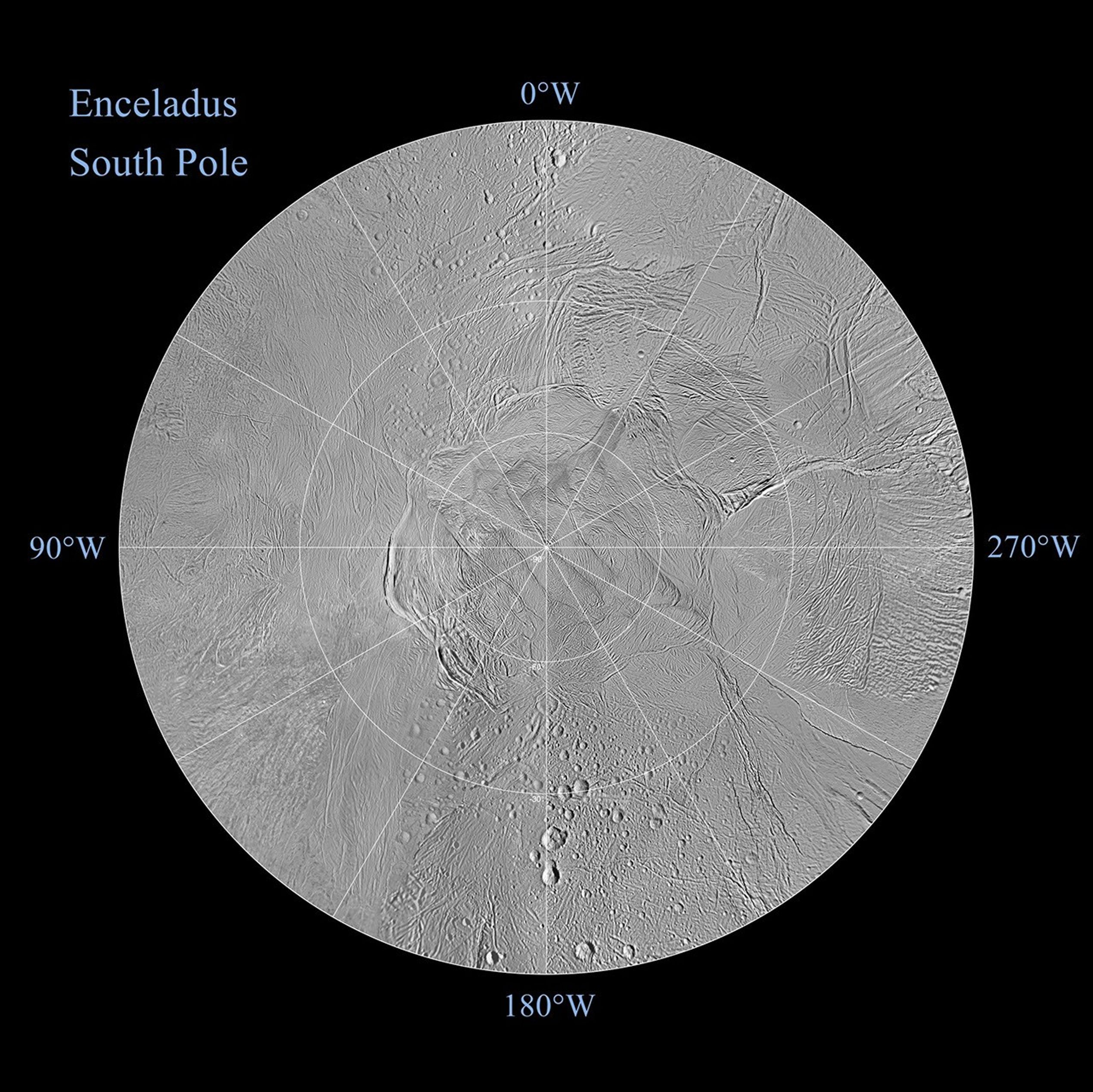 The northern and southern hemispheres of Enceladus are seen in these polar stereographic maps, mosaicked from the best-available Cassini clear-filter images.