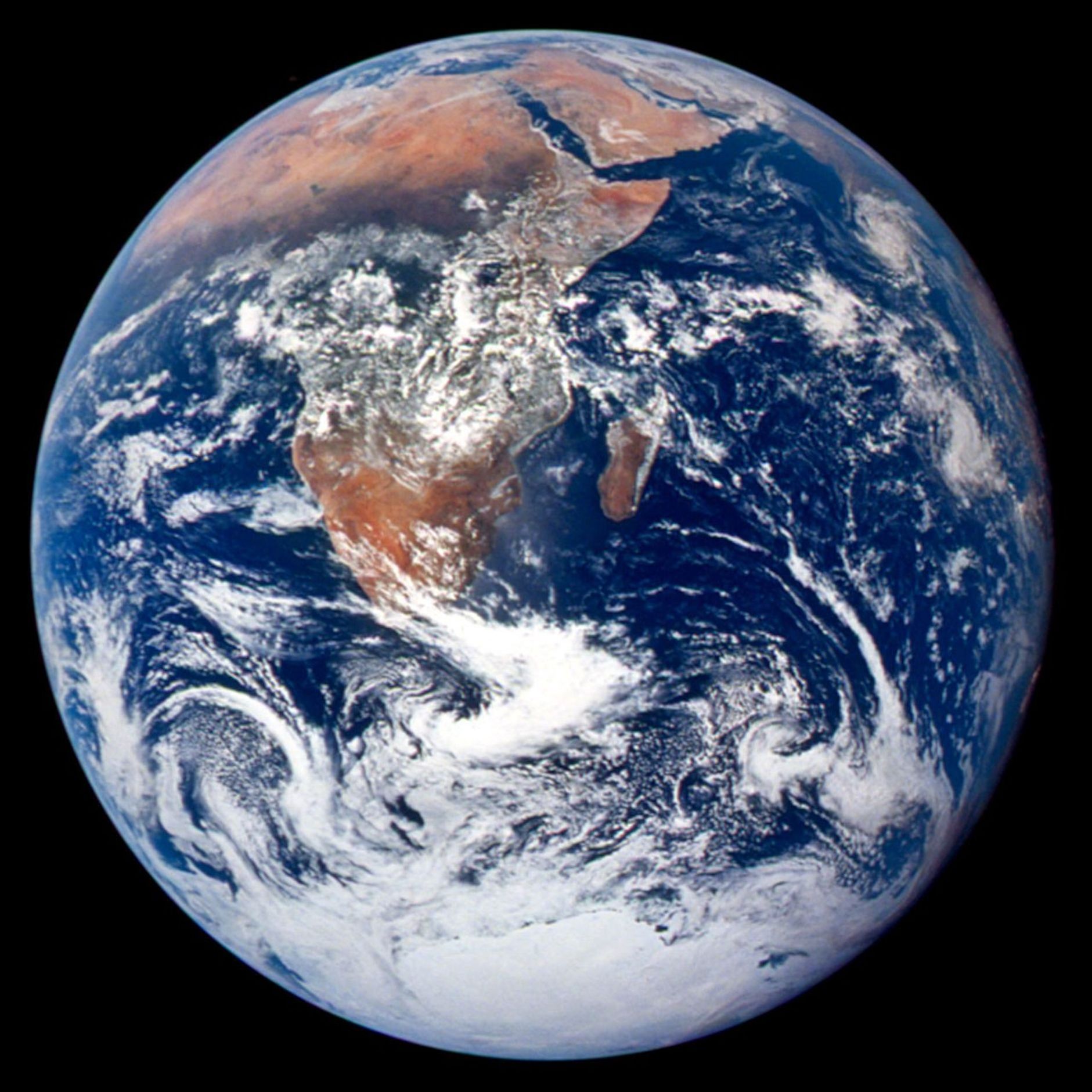 View of the Earth as seen by the Apollo 17 crew traveling toward the moon. This translunar coast photograph extends from the Mediterranean Sea area to the Antarctica south polar ice cap. This is the first time the Apollo trajectory made it possible to photograph the south polar ice cap.