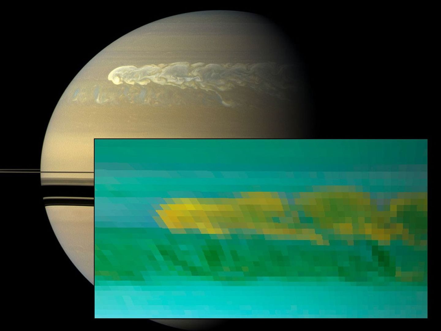 Two images showing the monster Saturn storm