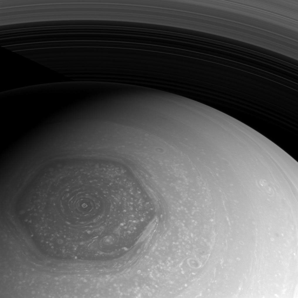 This atmospheric feature was first observed by Voyager and was dubbed 'the hexagon'.