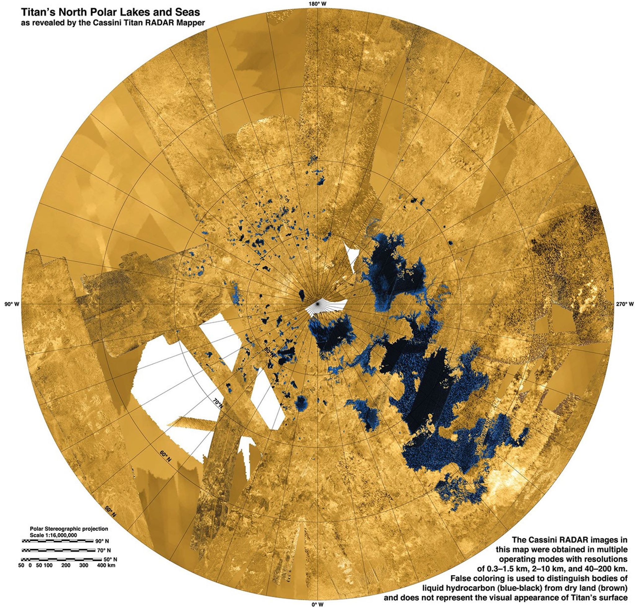 This colorized mosaic from NASA's Cassini mission shows the most complete view yet of Titan's northern land of lakes and seas.