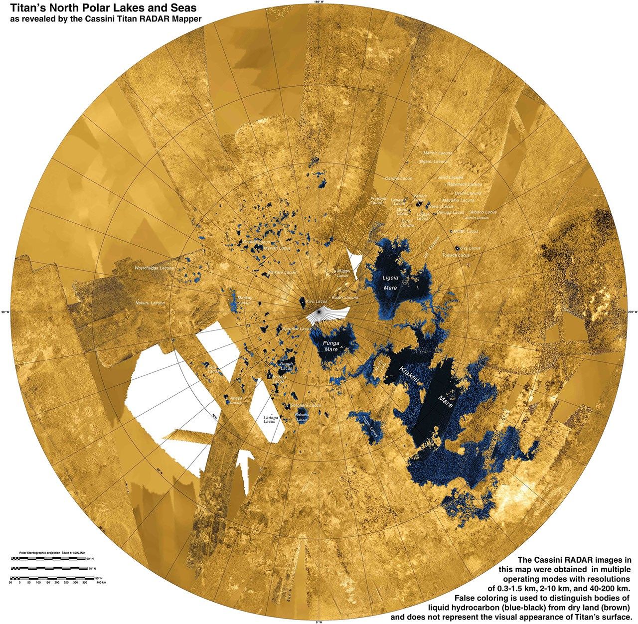This colorized mosaic from NASA's Cassini mission shows the most complete view yet of Titan's northern land of lakes and seas.