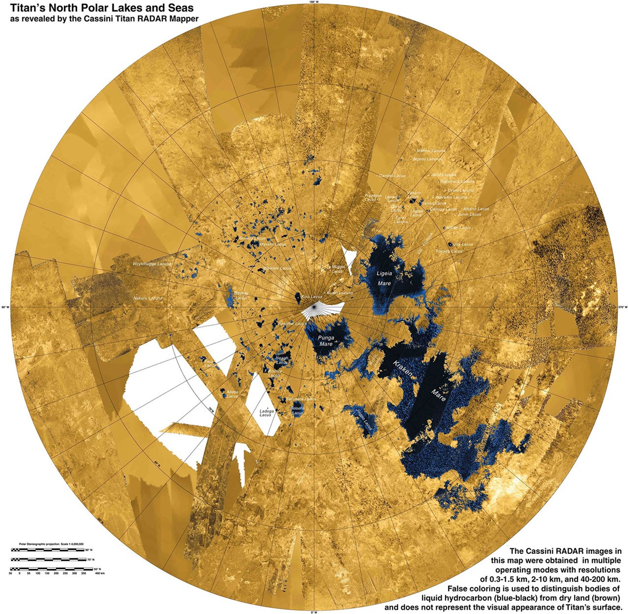 This colorized mosaic from NASA's Cassini mission shows the most complete view yet of Titan's northern land of lakes and seas.