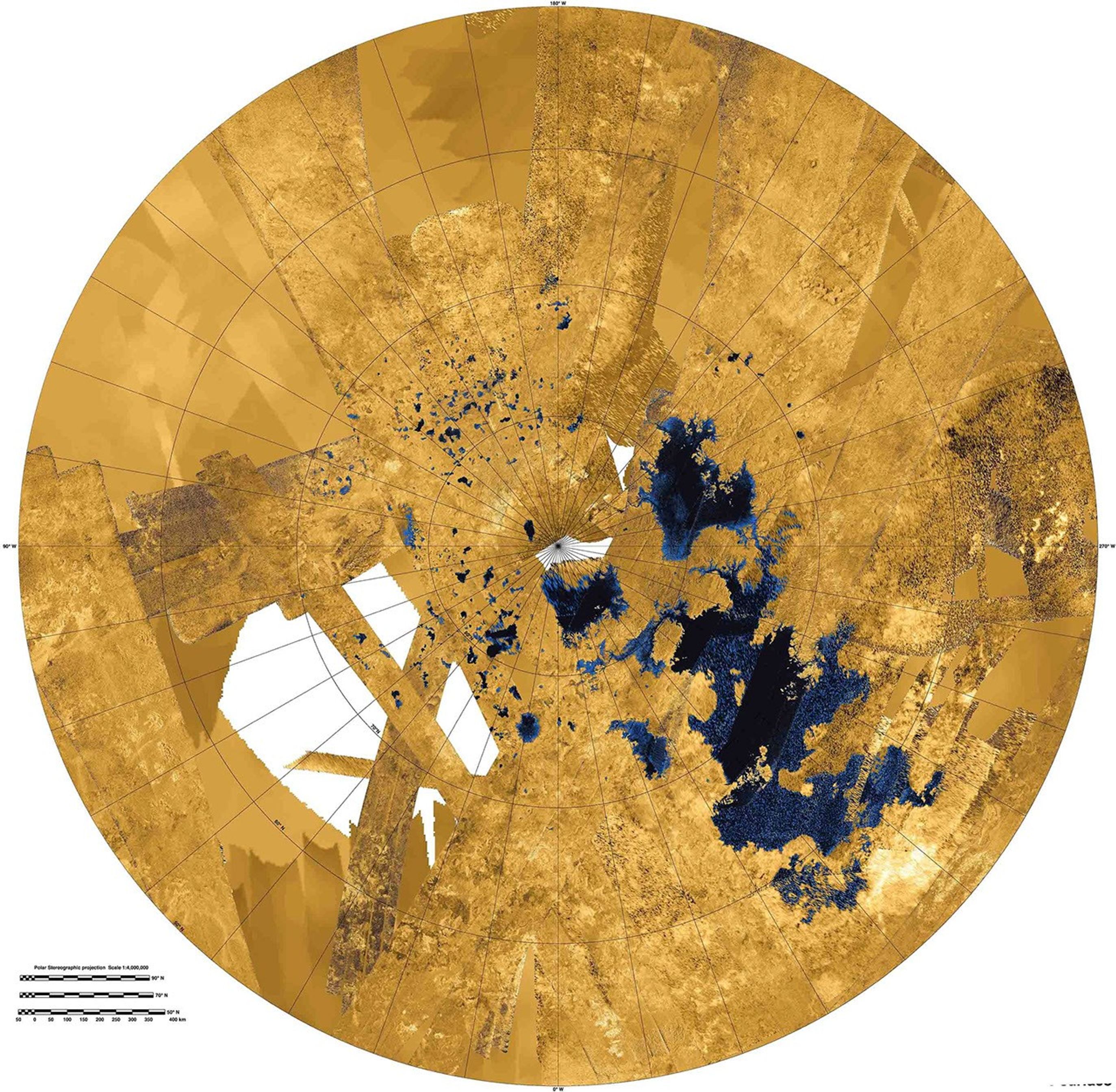 This colorized mosaic from NASA's Cassini mission shows the most complete view yet of Titan's northern land of lakes and seas.