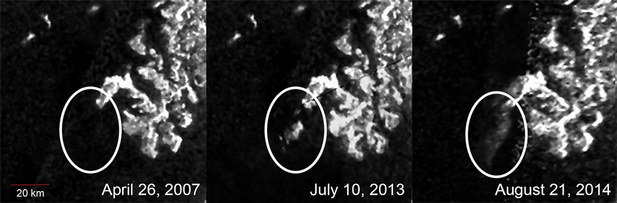 These three images, created from Cassini Synthetic Aperture Radar (SAR) data, show the appearance and evolution of a mysterious feature in Ligeia Mare, one of the largest hydrocarbon seas on Saturn's moon Titan.