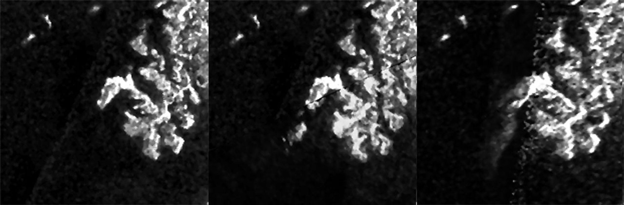 These three images, created from Cassini Synthetic Aperture Radar (SAR) data, show the appearance and evolution of a mysterious feature in Ligeia Mare, one of the largest hydrocarbon seas on Saturn's moon Titan.