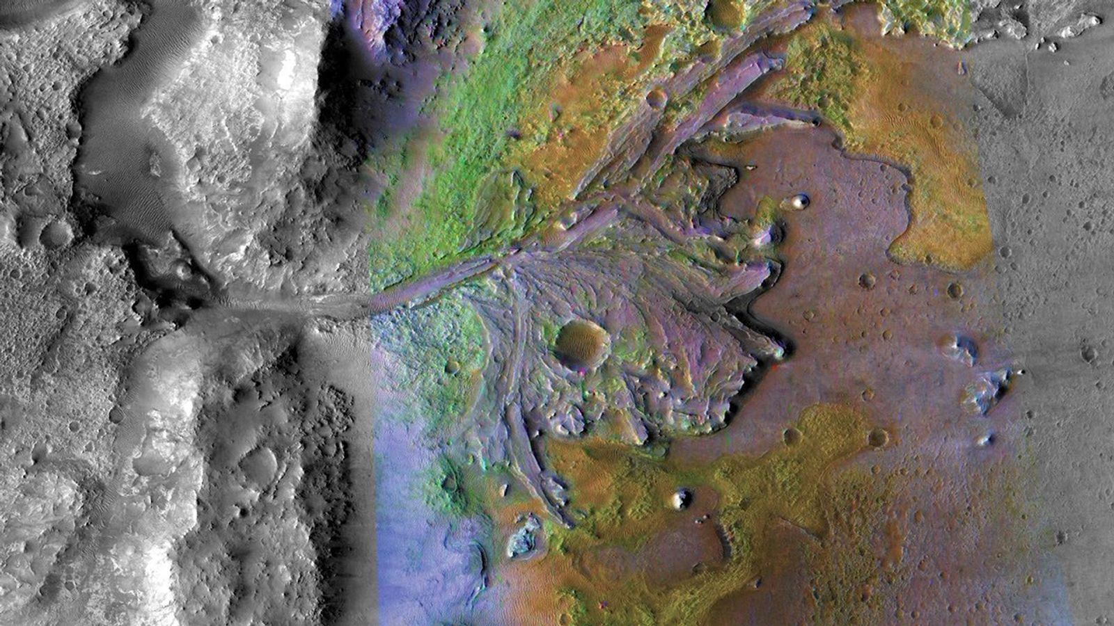 Orbital view of crater and gullies on Mars.
