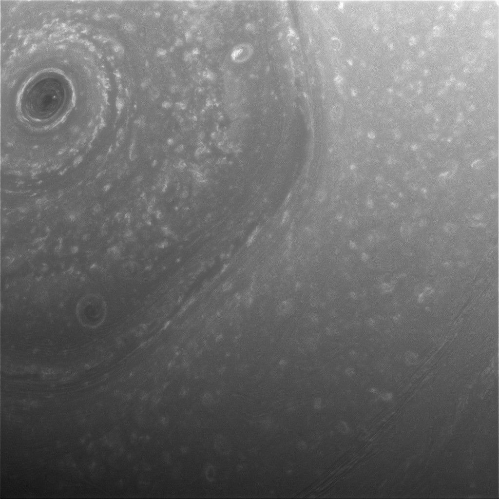 An image of part of the giant, hexagon-shaped jet stream around the planet's north pole