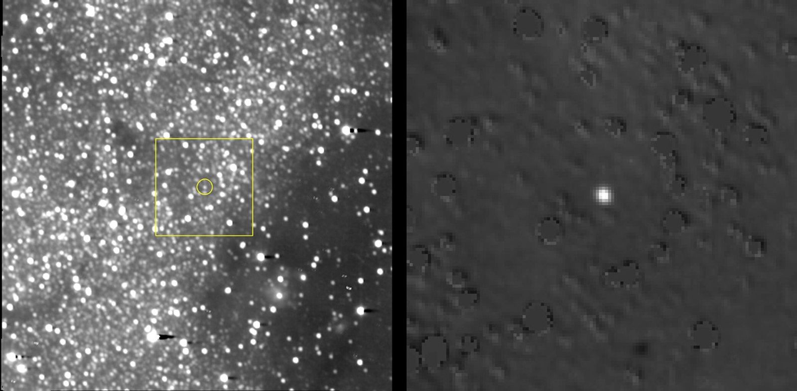 Fuzzy dot against a background of stars.