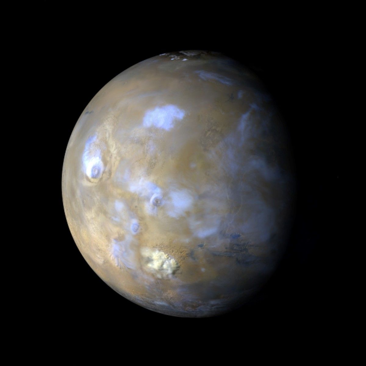 full disc of mars with clouds and dust clouds visible