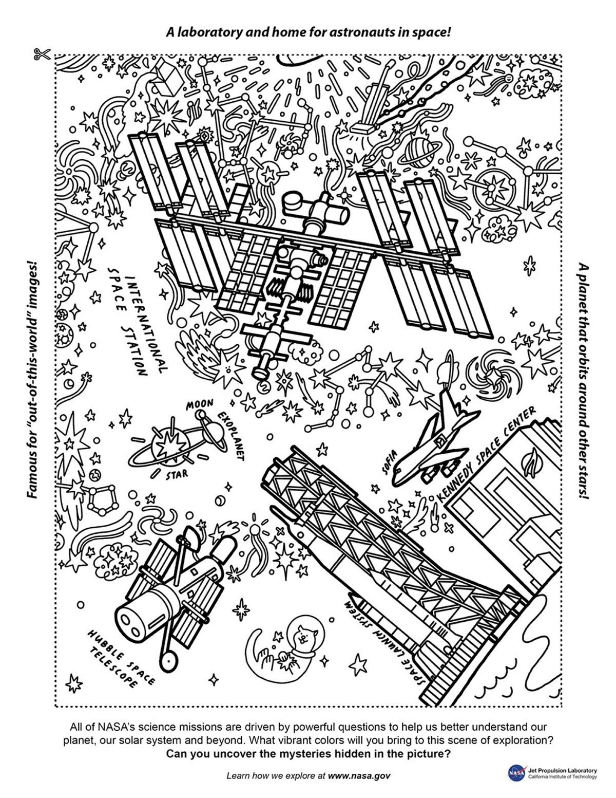 coloring page featuring the International Space Station, Hubble Space Telescope, Kennedy Space Center, and SOFIA