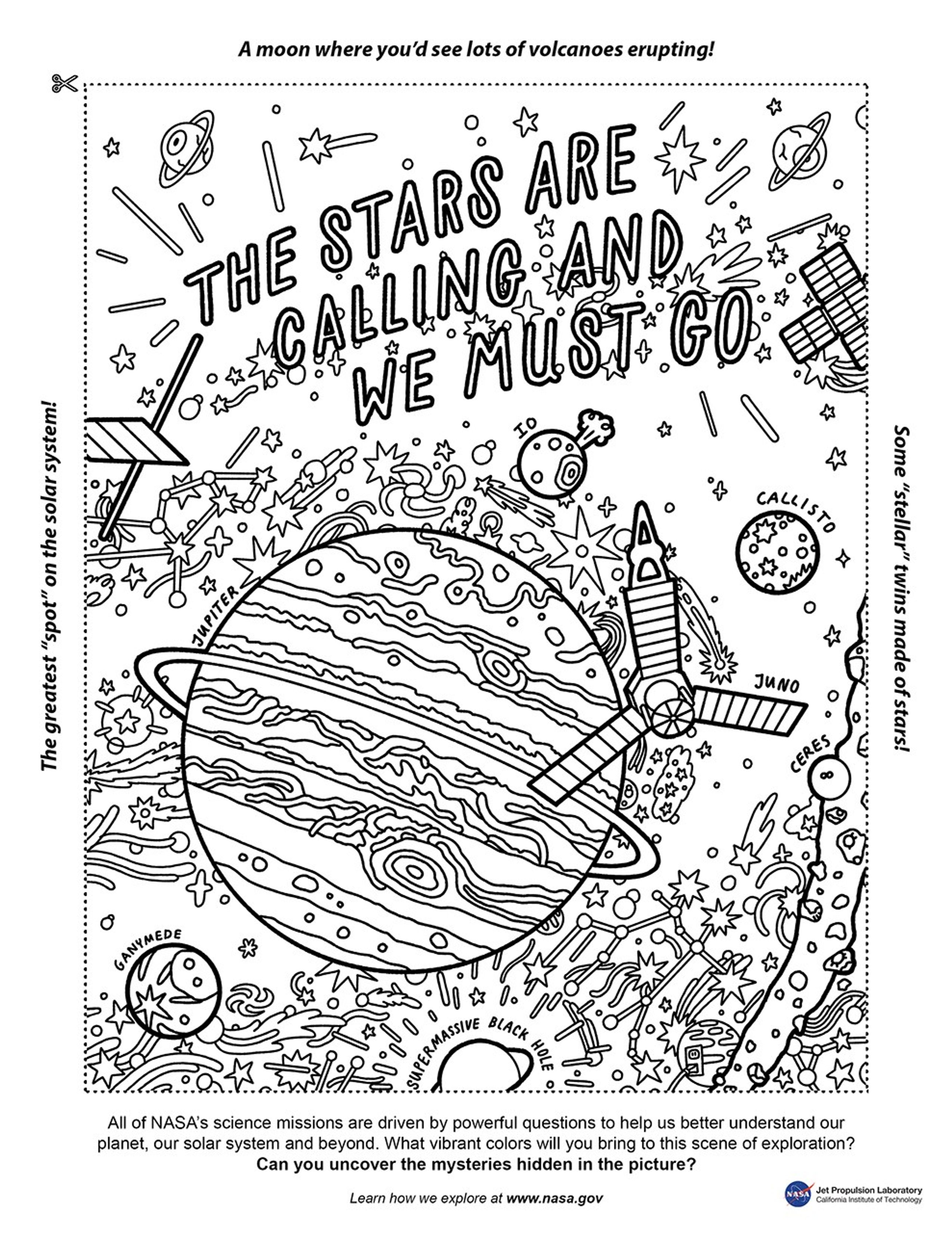 coloring page featuring Saturn, Uranus, Neptune, some of their moons, the Cassini-Huygens spacecraft, and New Horizons