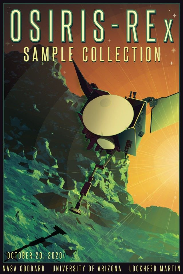poster showing an artist's rendition of OSIRIS-REx extending its sampling arm to the surface of asteroid Bennu