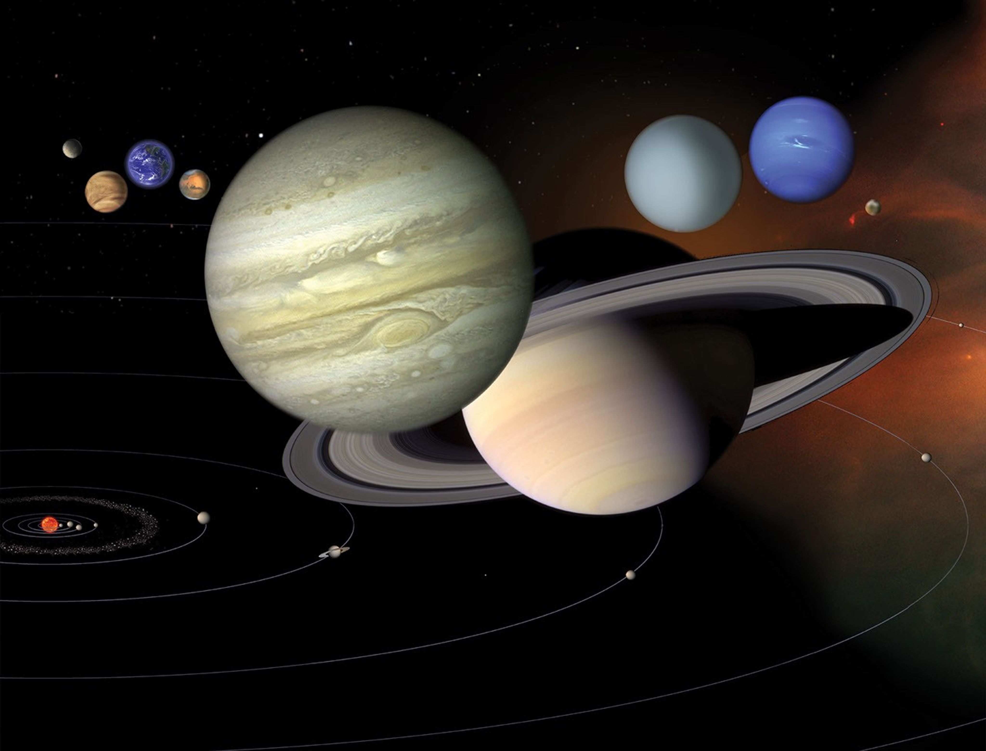 A montage shows the planets to scale from Mercury on the left to Neptune on the right.