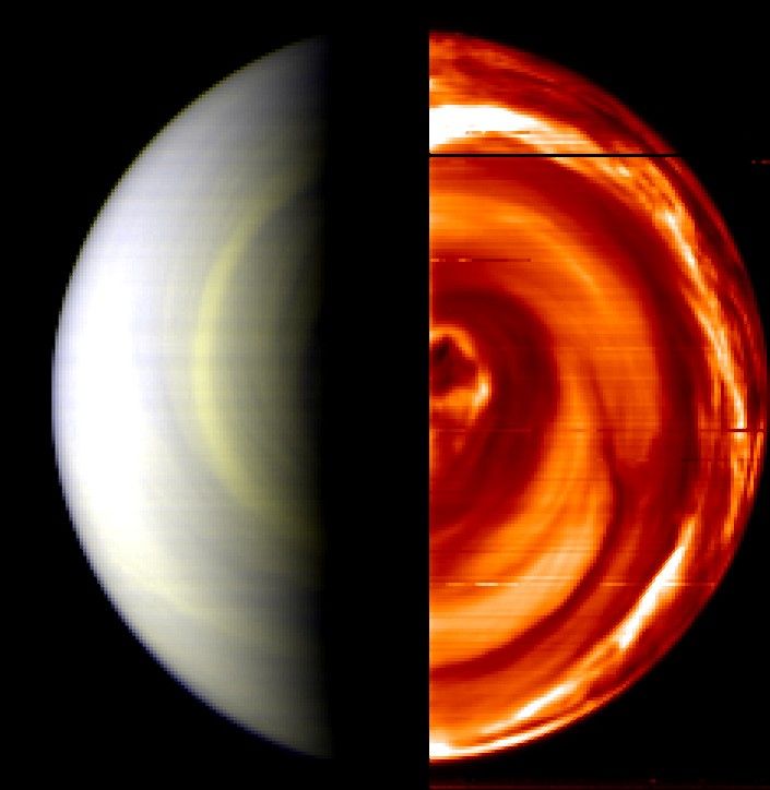 This composite, false-color view of Venus' south pole was captured by VIRTIS onboard the European Space Agency's Venus Express.