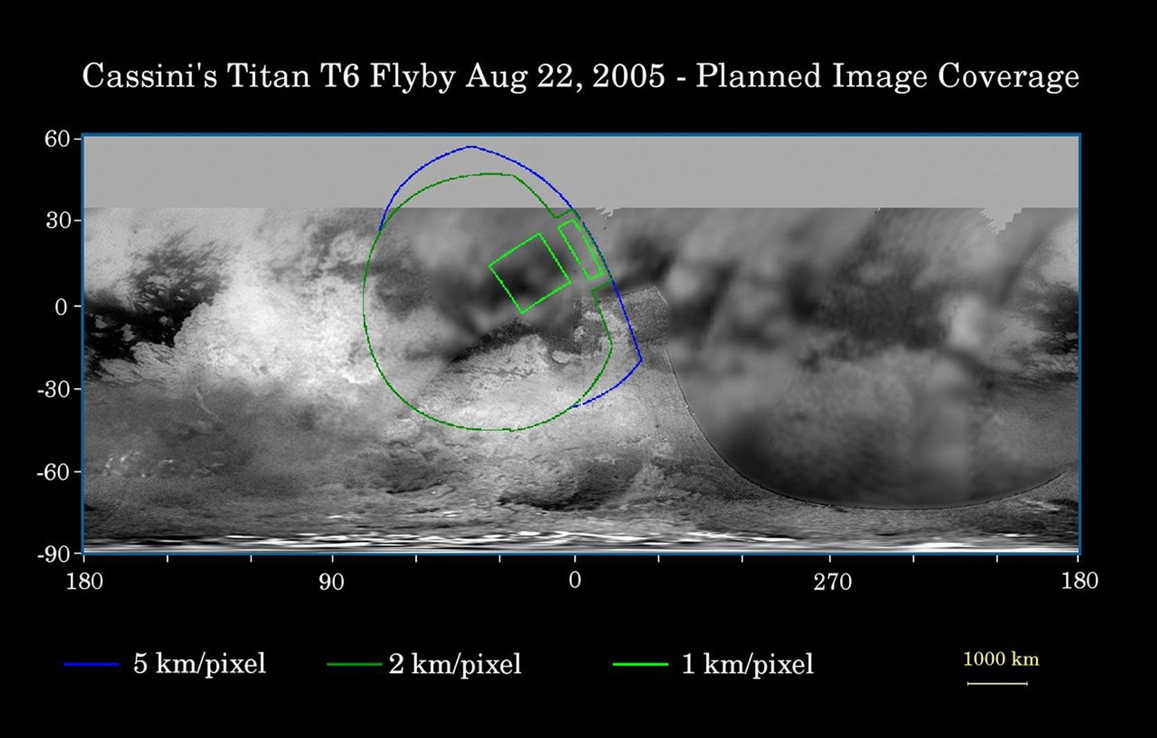 This map of Titan's surface illustrates the regions that will be imaged by Cassini during the spacecraft's close flyby of Titan on Aug. 22, 2005.